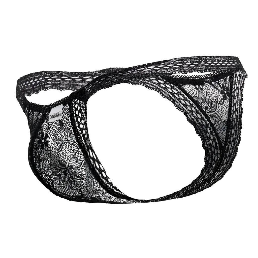 Black lace thong CandyMan 99420 with floral pattern and sheer mesh design in black color front view