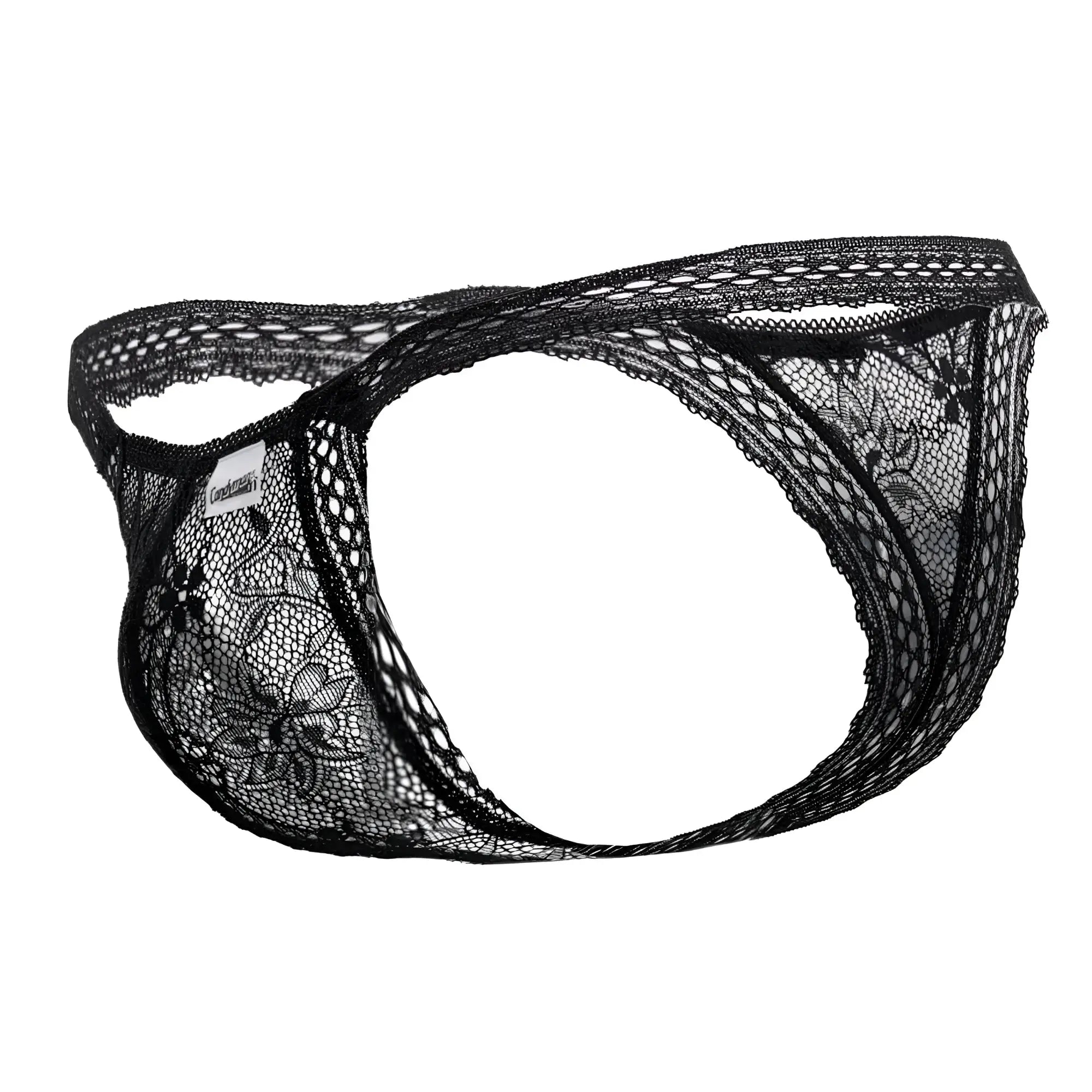 Black lace thong CandyMan 99420 with floral pattern and sheer mesh design in black color front view