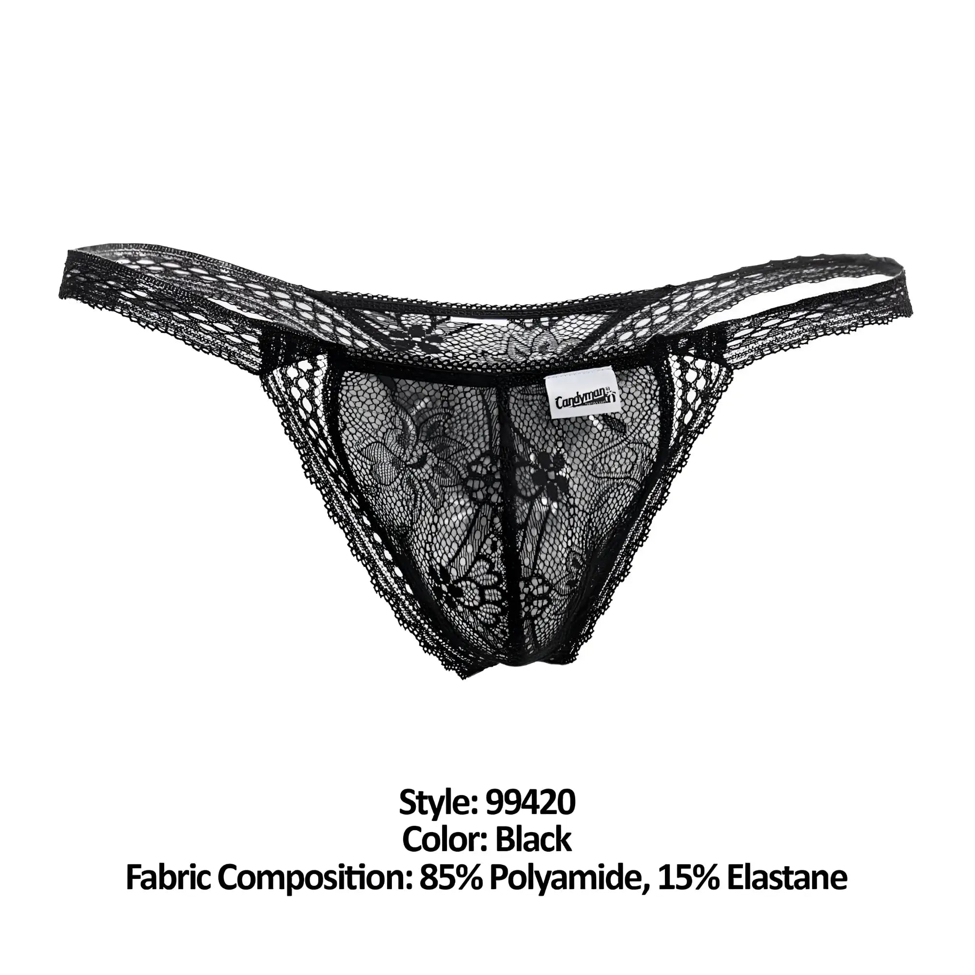 Black CandyMan 99420 double lace thong featuring intricate floral patterns and a delicate sheer design