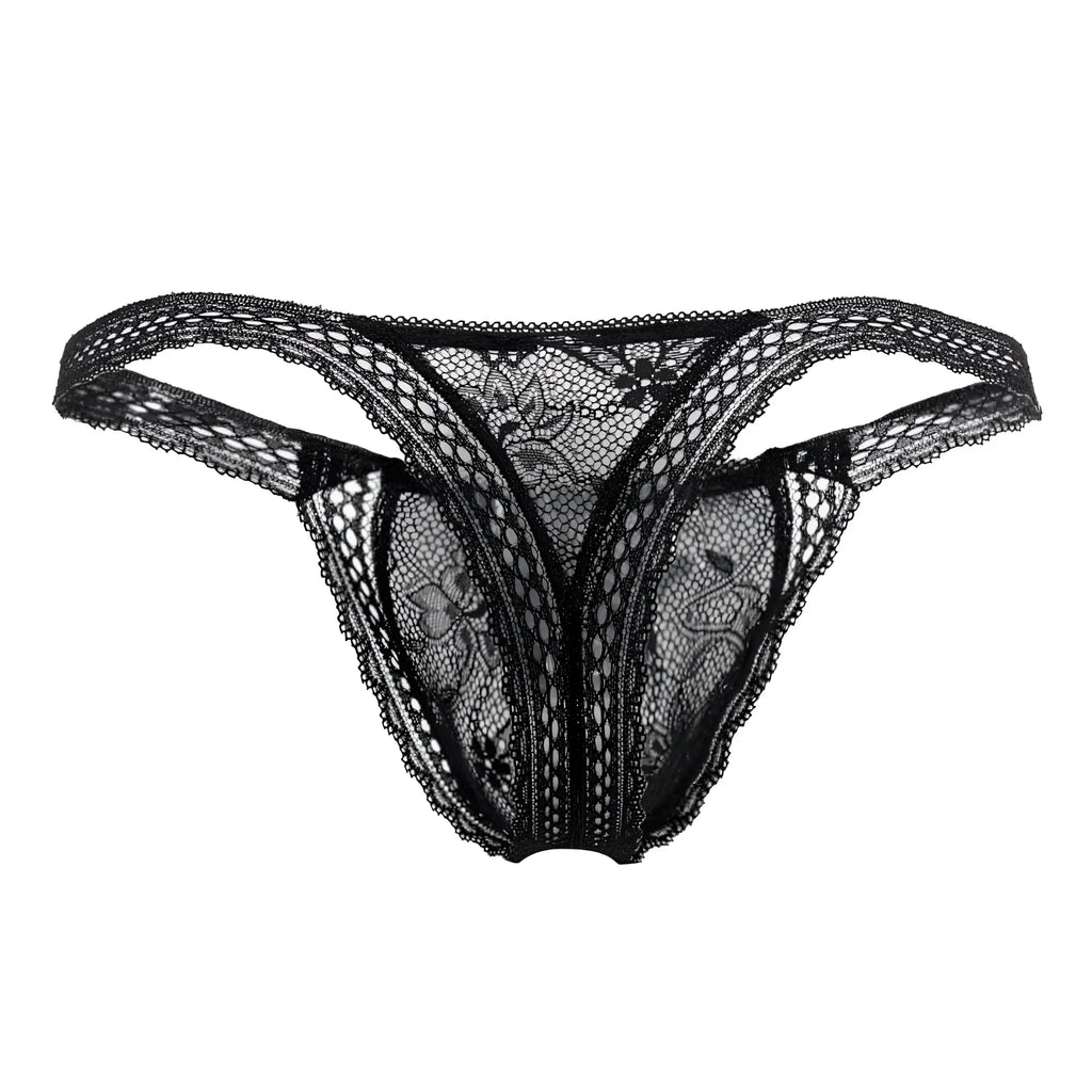 Black lace thong candyMan 99420 with intricate floral patterns and sheer mesh texture in black color