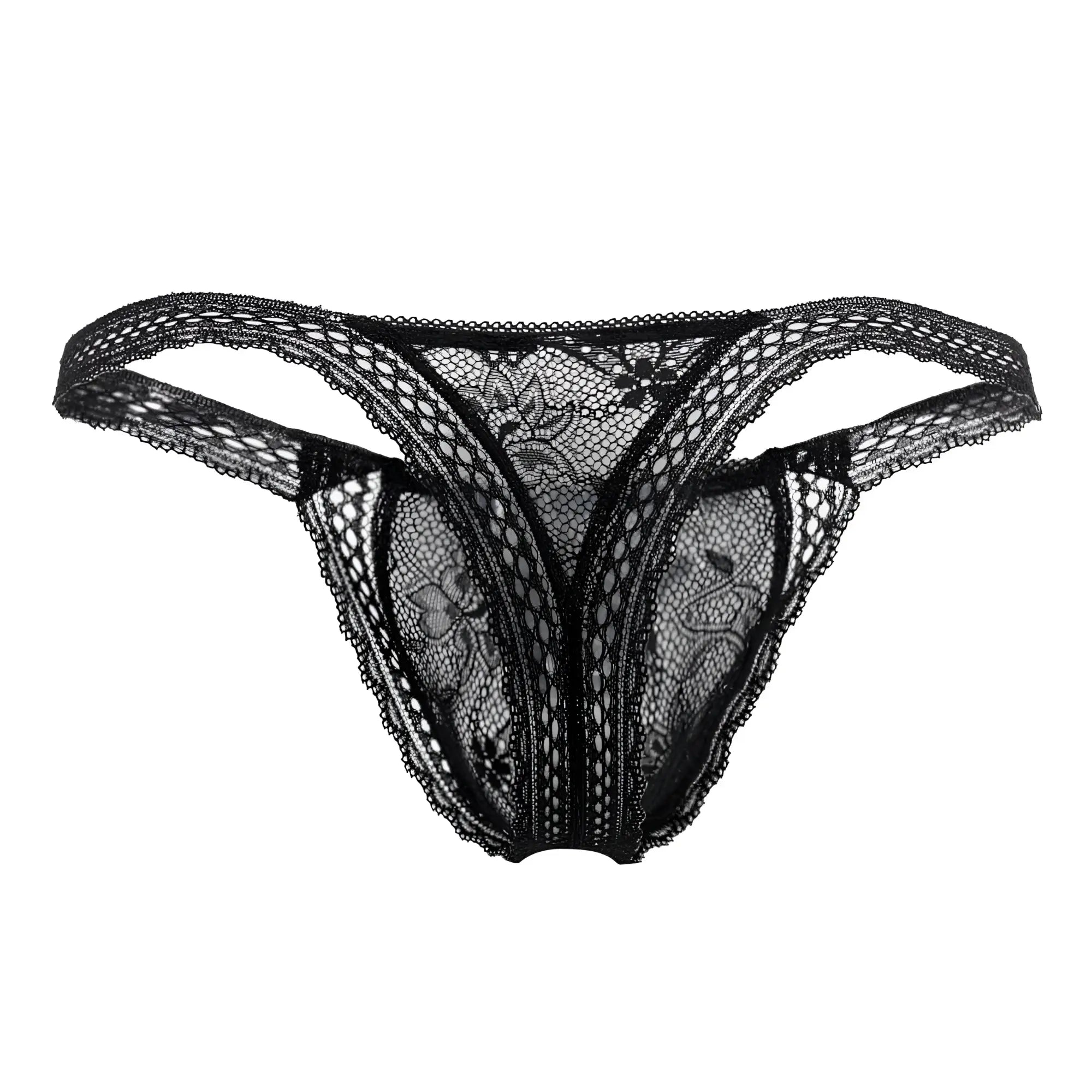 Black lace thong candyMan 99420 with intricate floral patterns and sheer mesh texture in black color