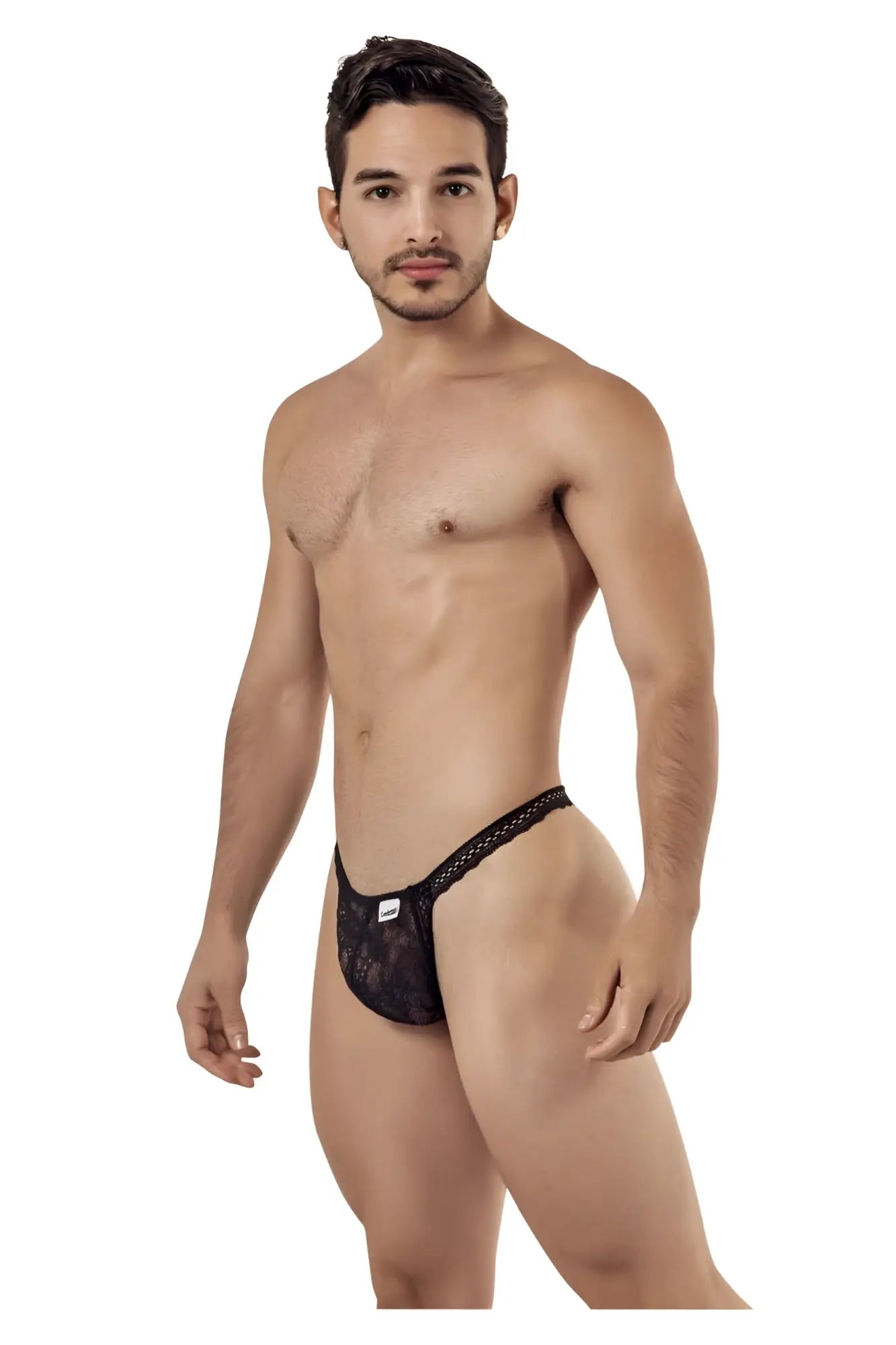 Black lace thong candyMan 99420 in black with subtle pattern and small white brand tag at the front