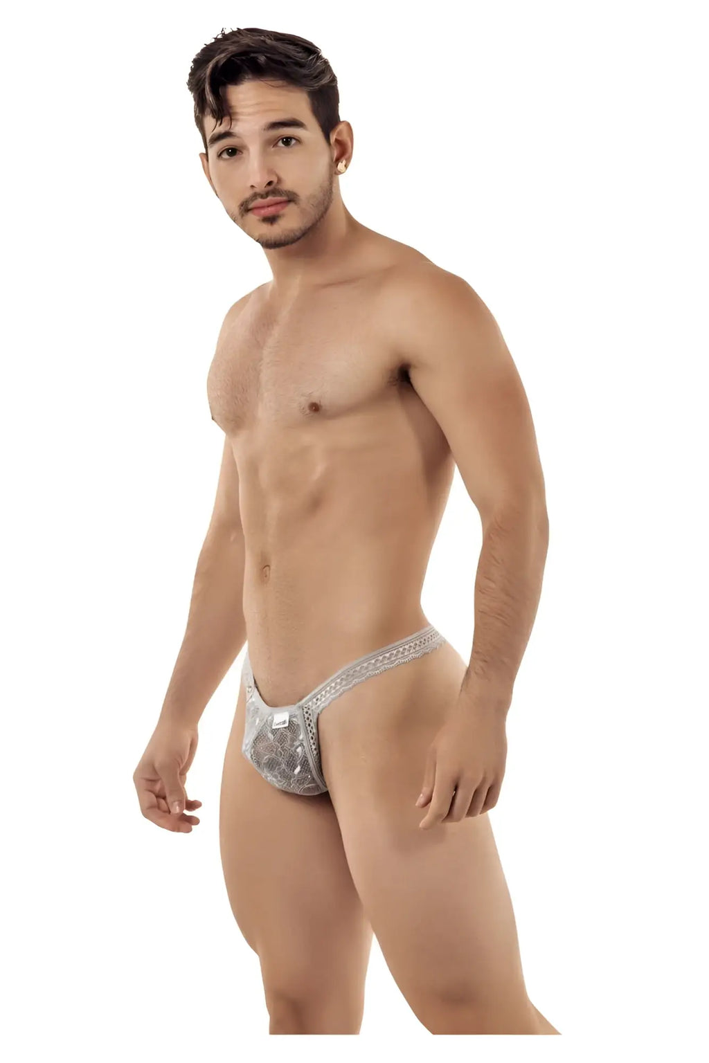 Silver gray CandyMan 99420 double lace thongs with sparkly lace trim and subtle pattern on silver fabric