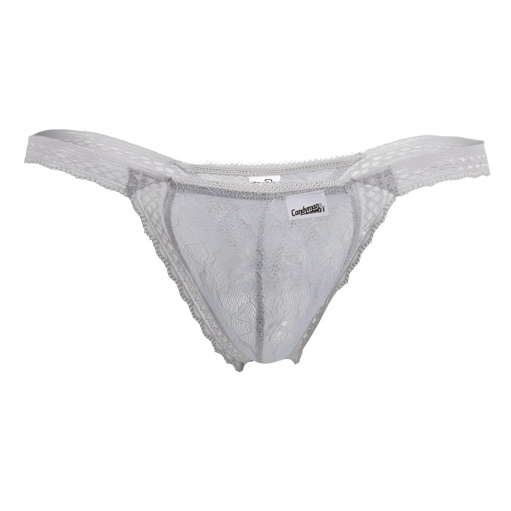 CandyMan 99420 double lace thong in gray with silver lace floral patterns and soft sheer fabric front view
