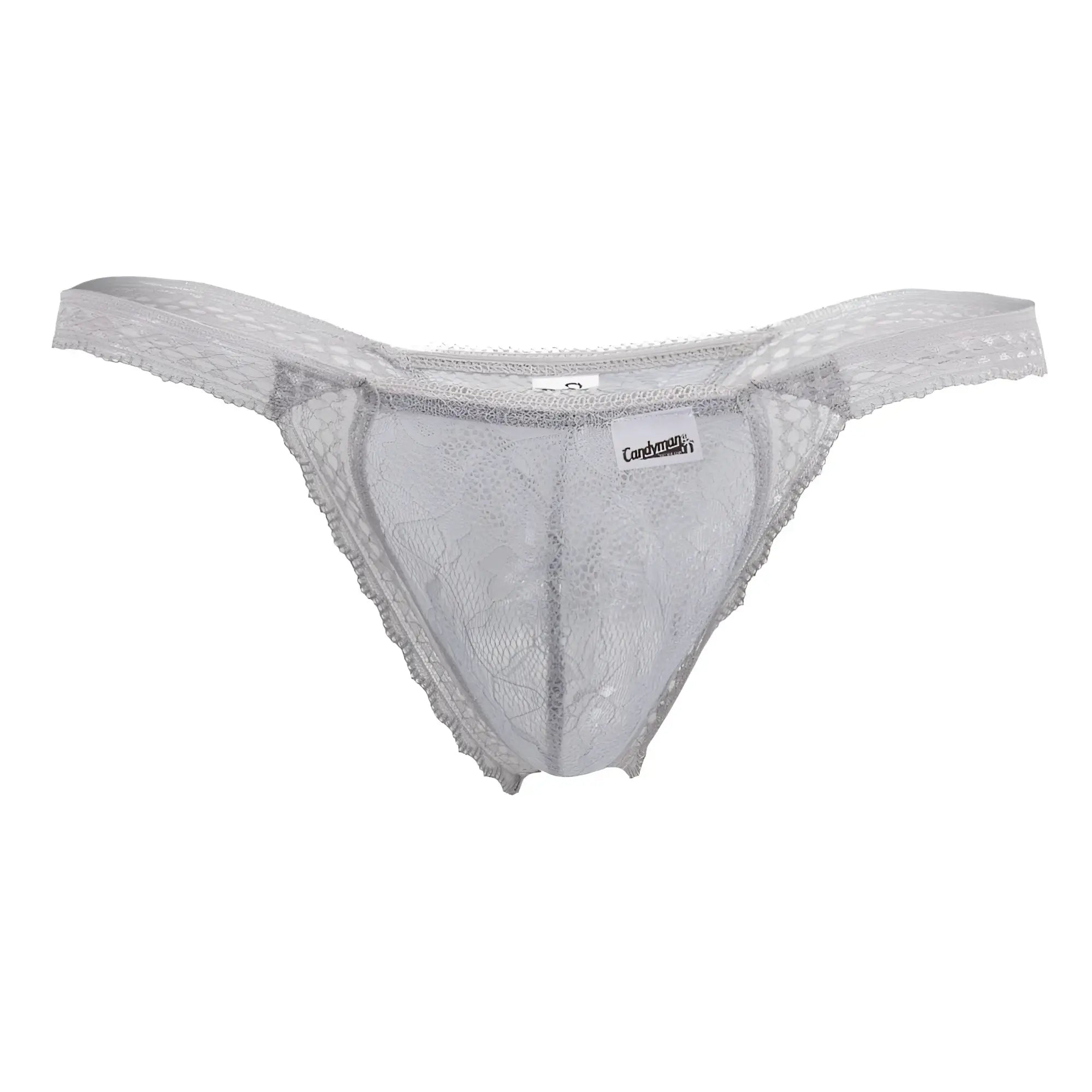 CandyMan 99420 double lace thong in gray with silver lace floral patterns and soft sheer fabric front view