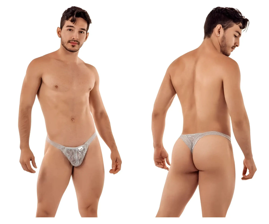 CandyMan 99420 gray silver lace thong with delicate intricate pattern and small metallic logo on the front