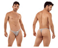 CandyMan 99420 gray silver lace thong with delicate intricate pattern and small metallic logo on the front