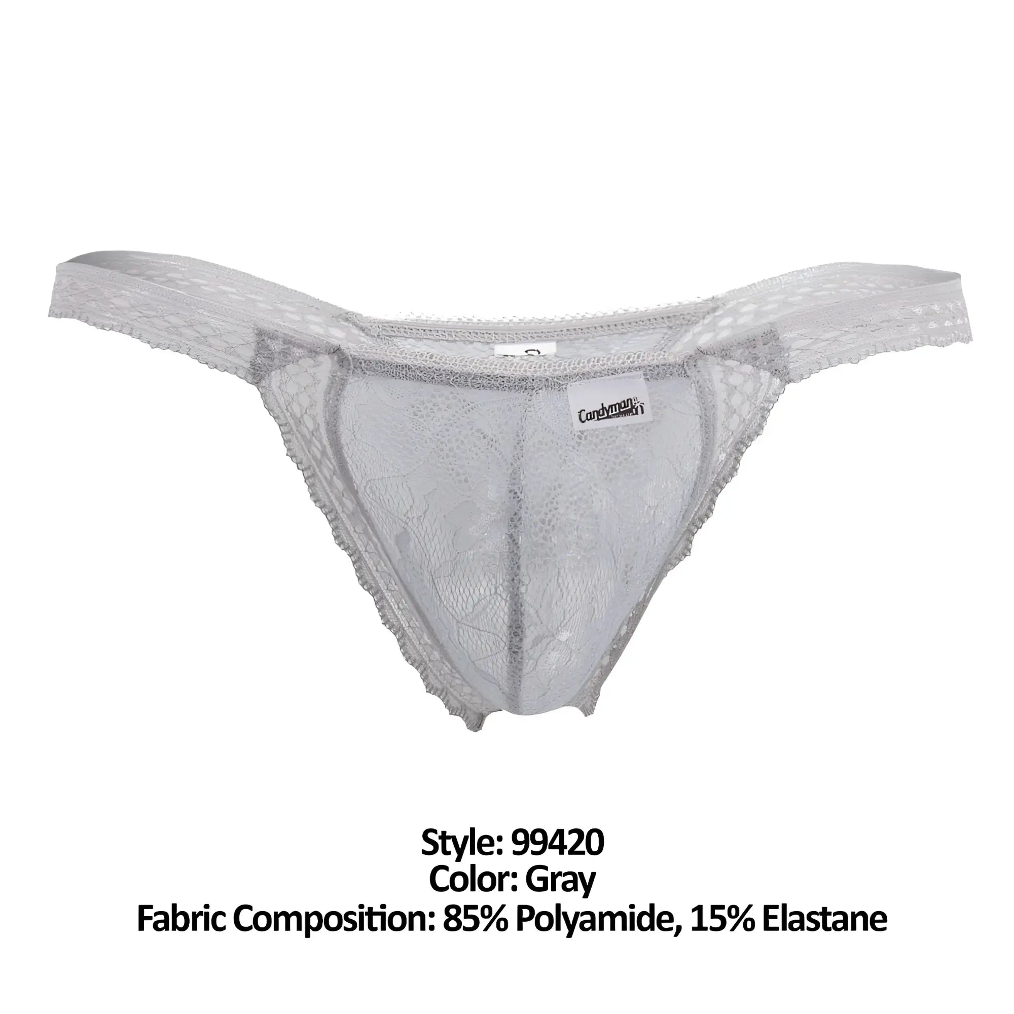 Gray candyMan 99420 double lace thong with delicate floral patterns and sheer stretchy fabric