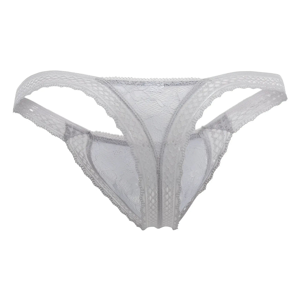 Gray candyman 99420 double lace thong with delicate white floral patterns and scalloped edges front view