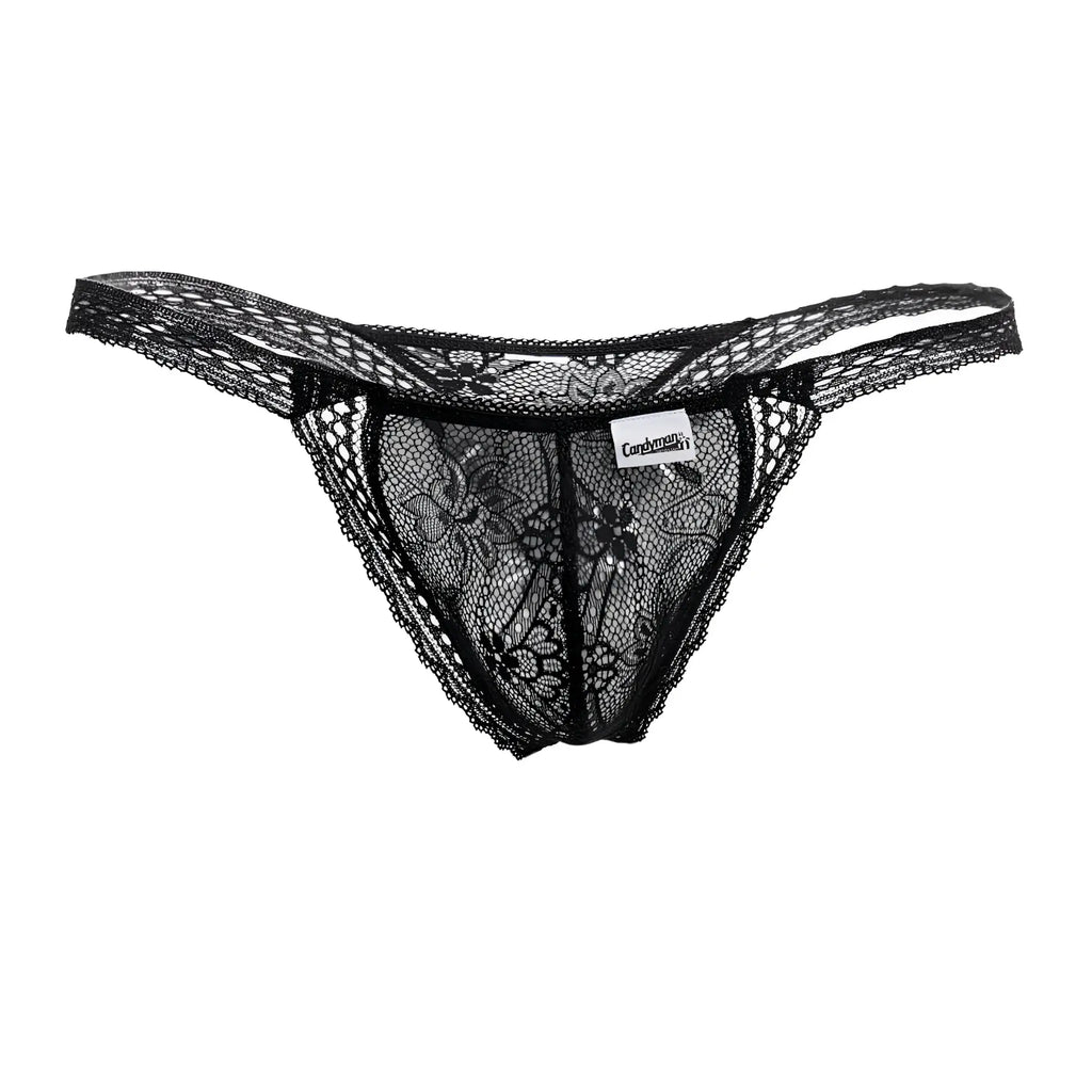 Black candyMan 99420X double lace thong with intricate floral patterns and sheer design