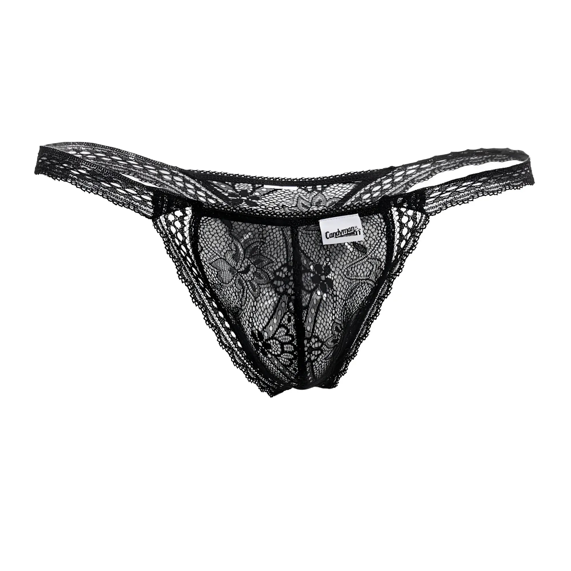 Black candyMan 99420X double lace thong with intricate floral patterns and sheer design