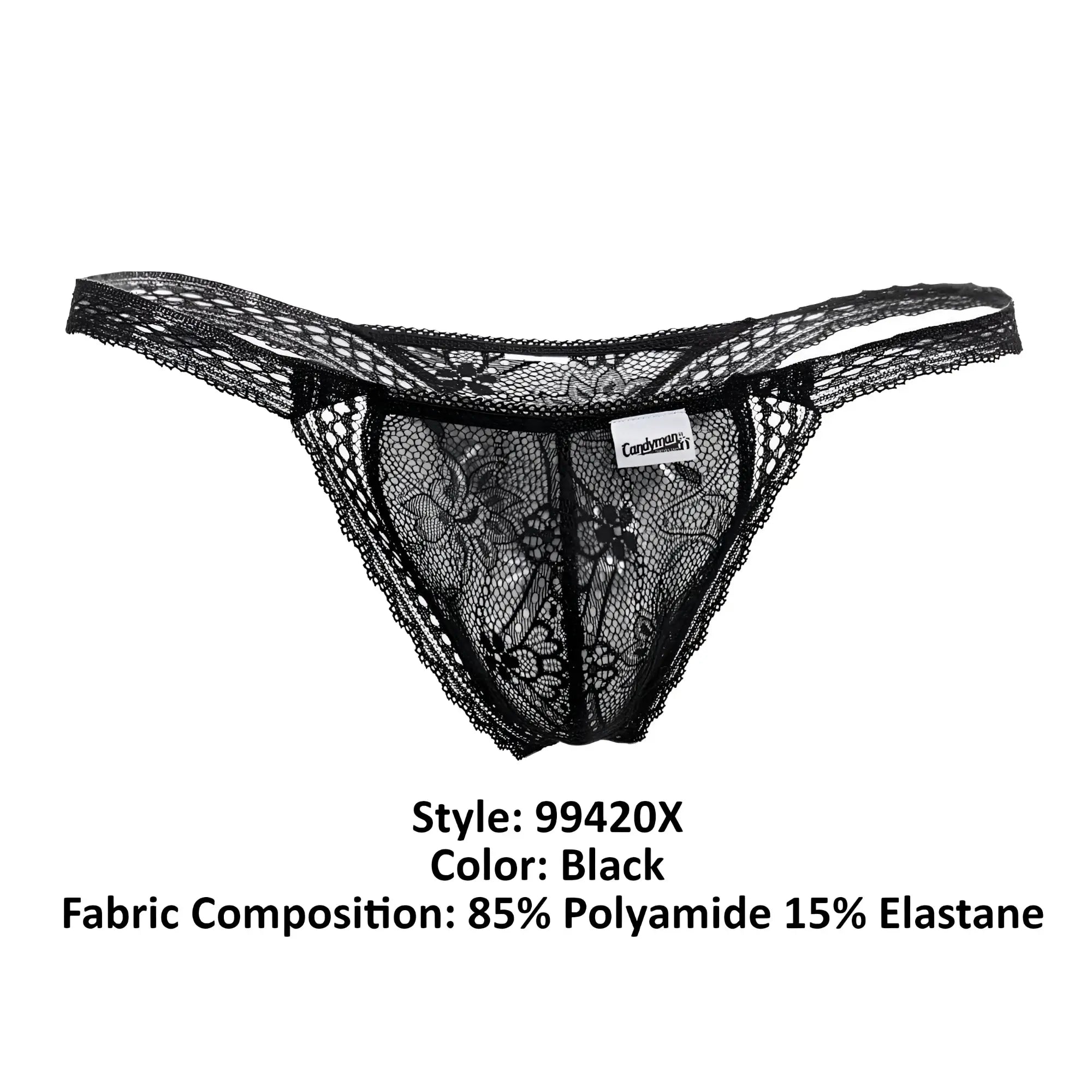 Black CandyMan 99420X double lace thong with intricate floral patterns and sheer delicate design