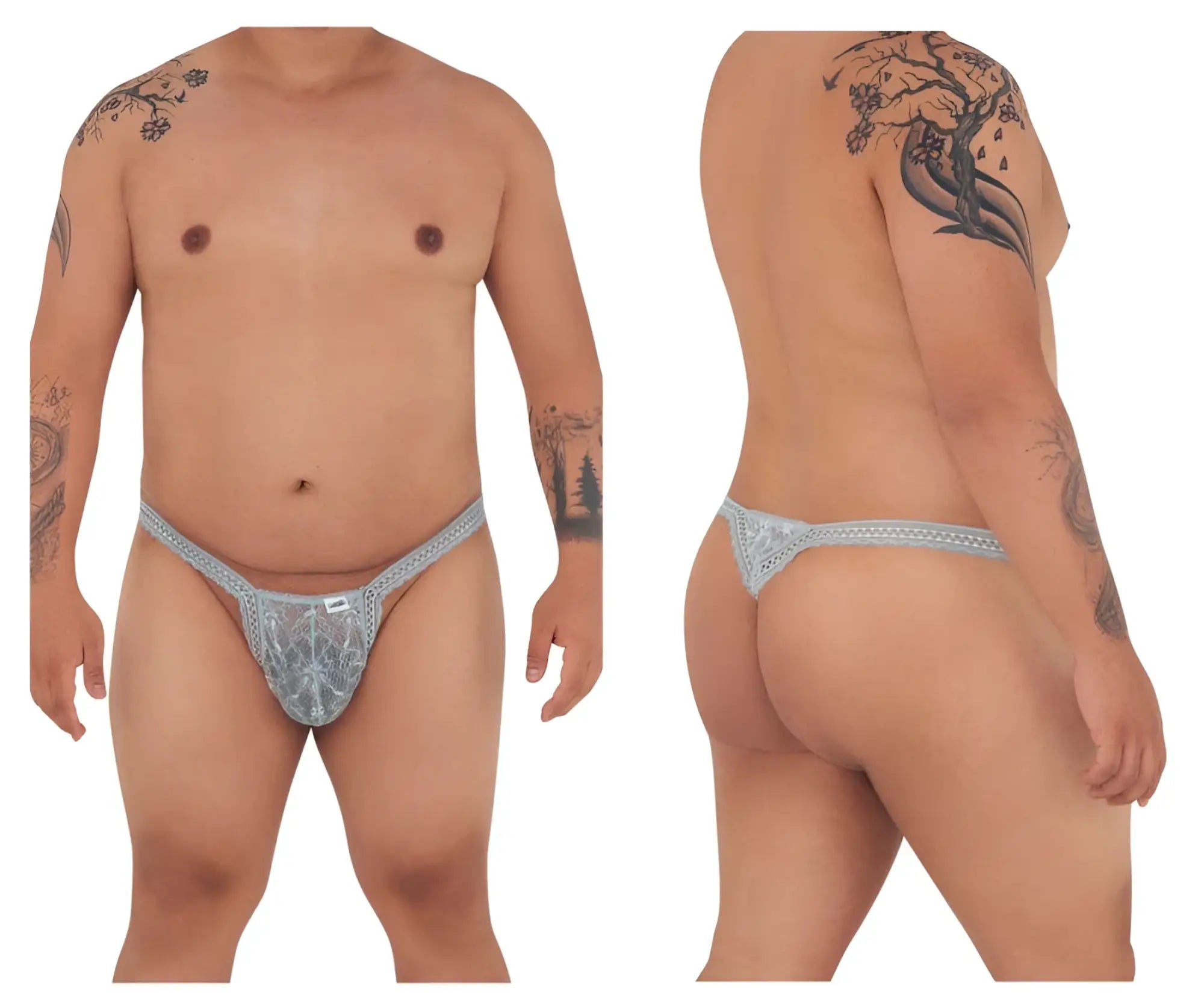 Light blue lace thong with intricate floral embroidery from candyman 99420x double lace thongs gray collection