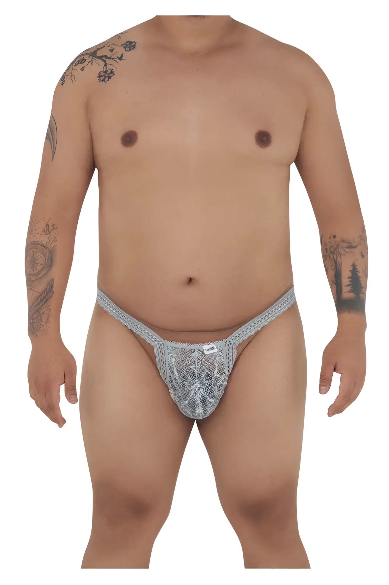 Silver lace thong candyMan 99420X with intricate lace pattern and adjustable waistband in gray color