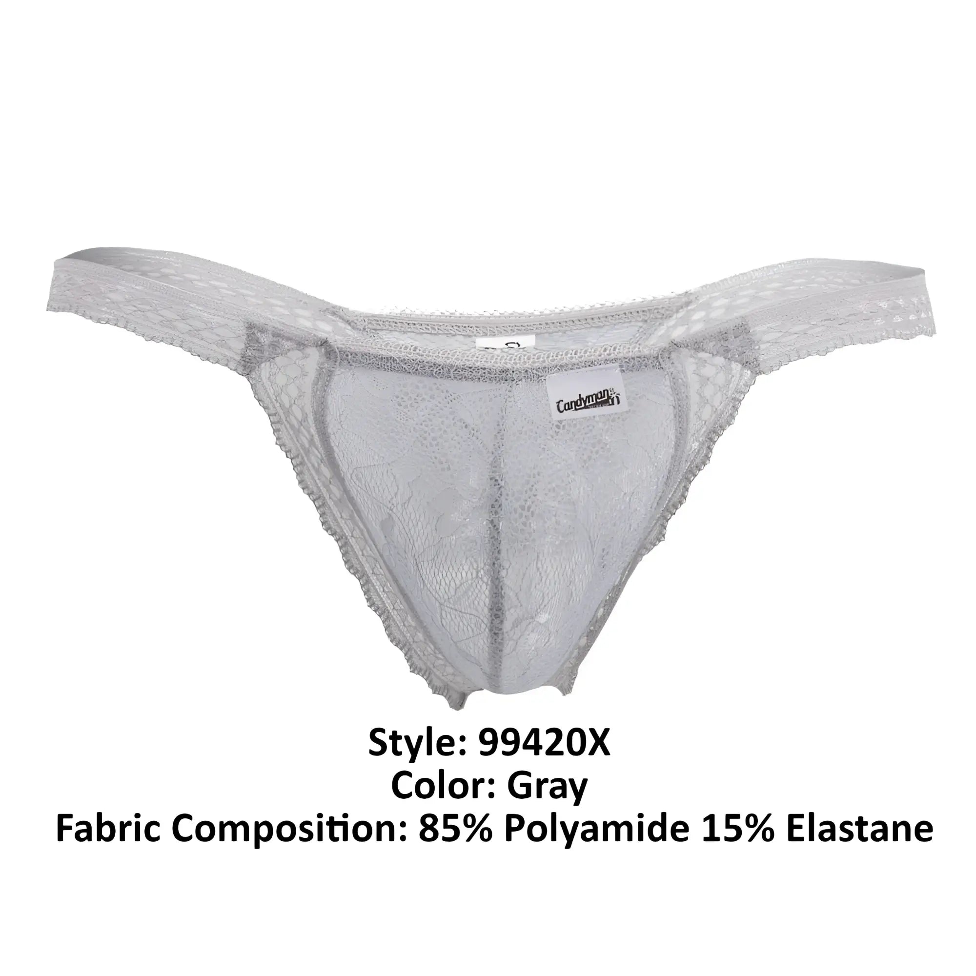 Gray lace thong candy man 99420x with delicate intricate pattern and thin straps shown from the back side