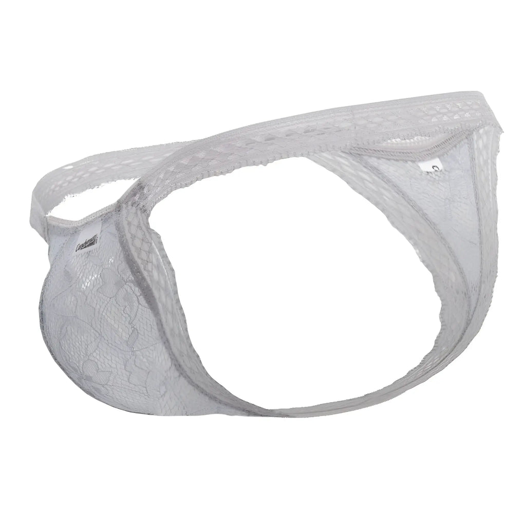 Gray candyman 99420x double lace thong with delicate intricate white lace pattern and sheer fabric front view