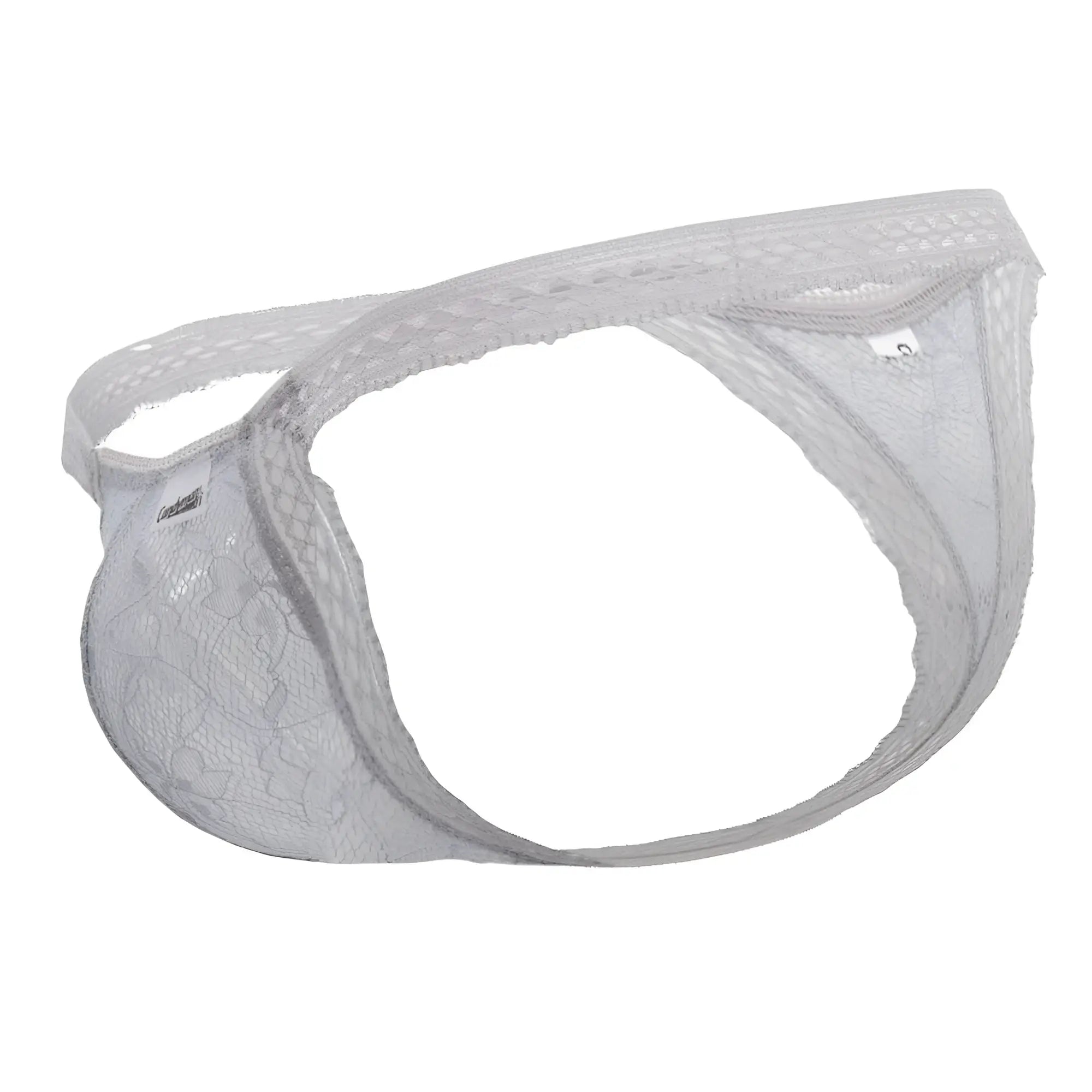Gray candyman 99420x double lace thong with delicate intricate white lace pattern and sheer fabric front view