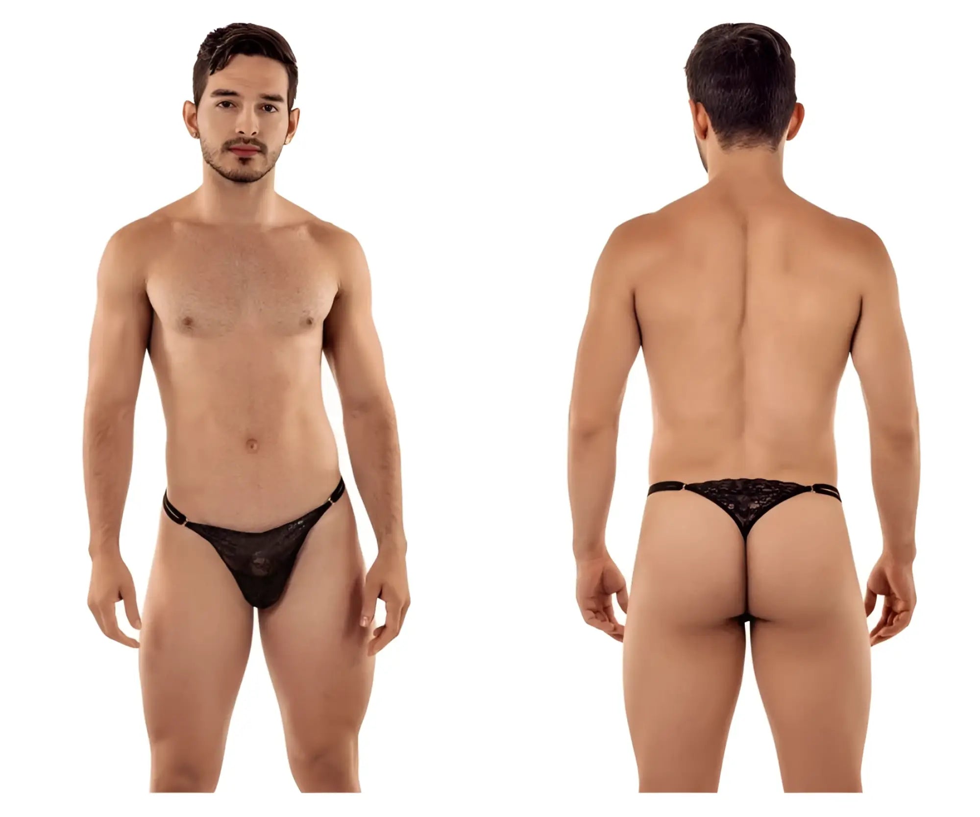 Black lace thong g-string with intricate pattern and thin elastic waistband candyMan 99421 in black