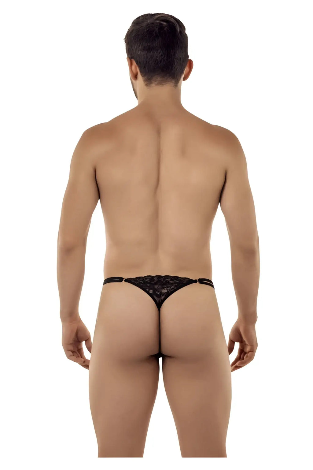 Black lace g-string thong with intricate pattern from Candyman 99421 in black showing front side details