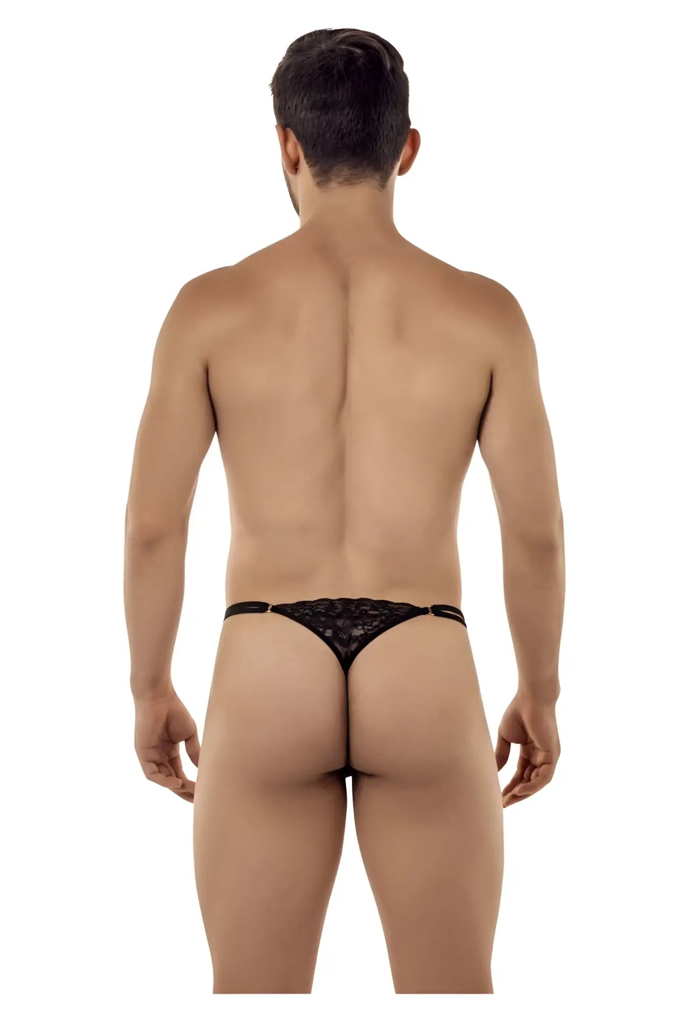 Black lace g-string thong with intricate pattern from Candyman 99421 in black showing front side details