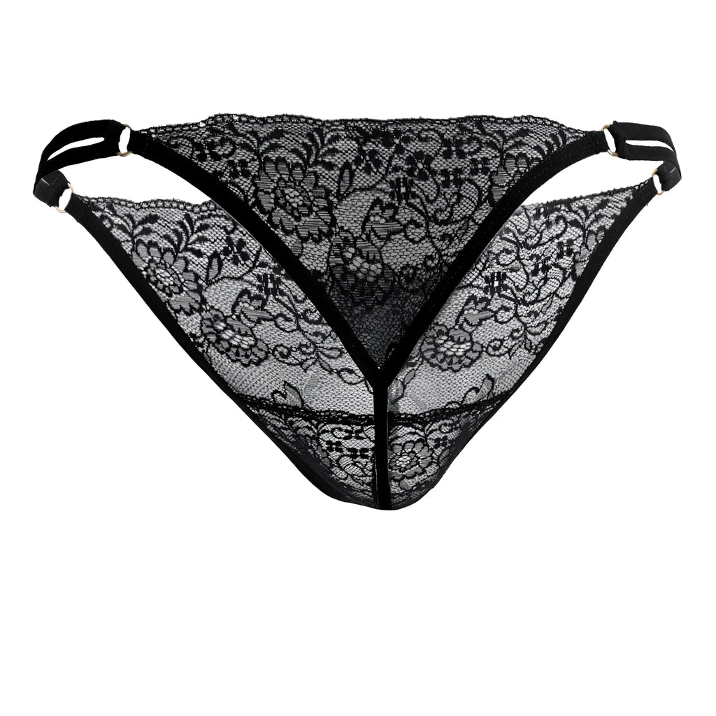 Black lace thong candyMan 99421 with floral pattern and adjustable straps in black lace material