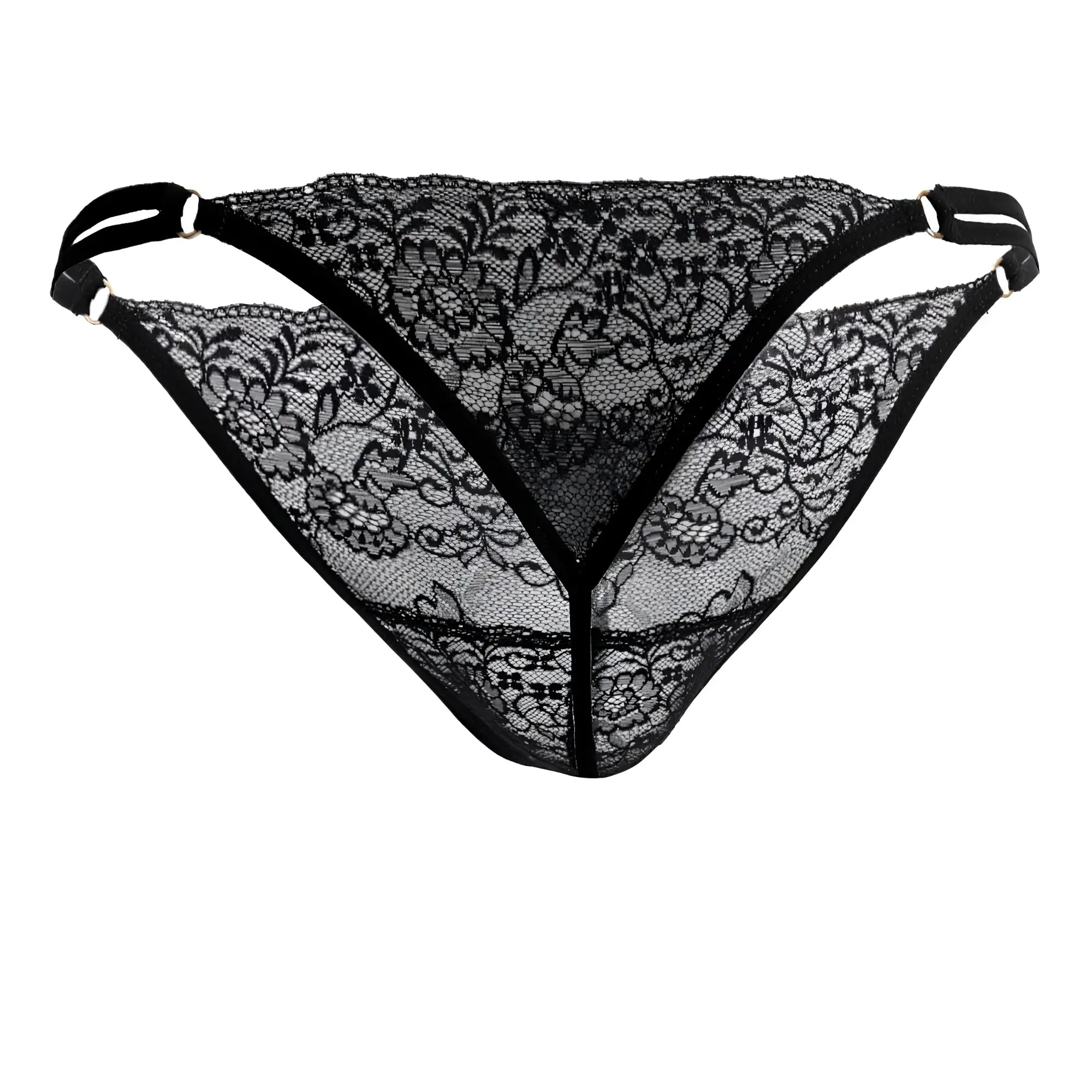 Black lace thong candyMan 99421 with floral pattern and adjustable straps in black lace material