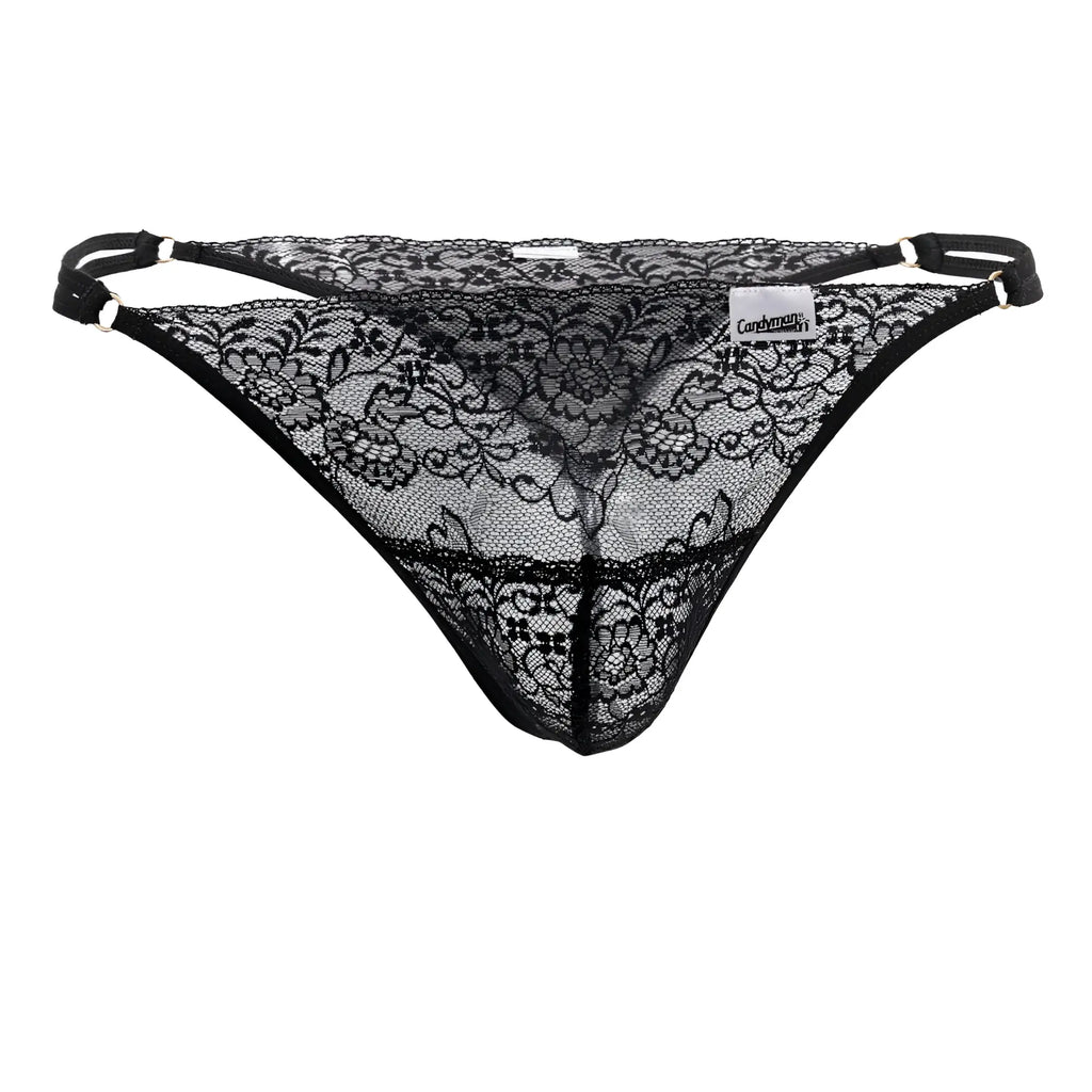 Black lace thong candy man 99421 with intricate floral patterns and adjustable straps in black color