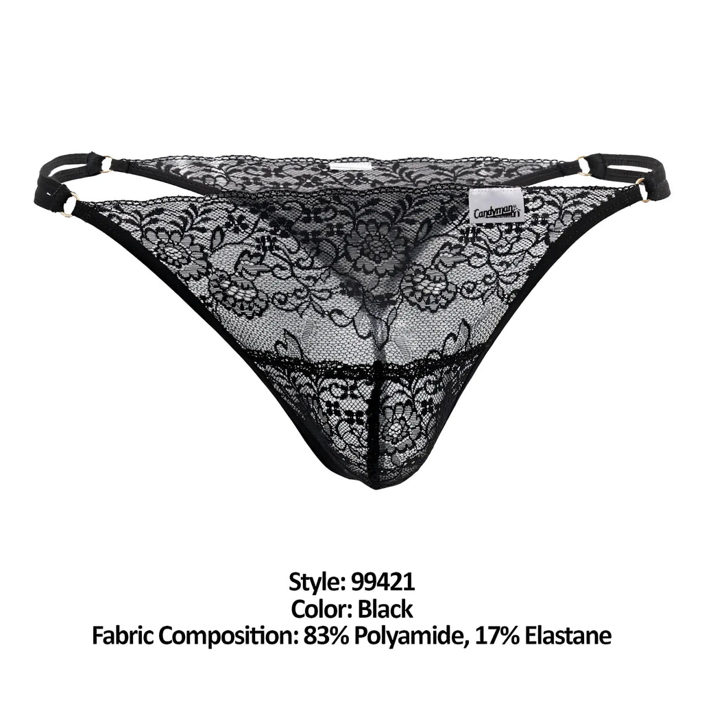 Black lace thong g-string with intricate floral patterns and adjustable straps by candyman 99421 color black