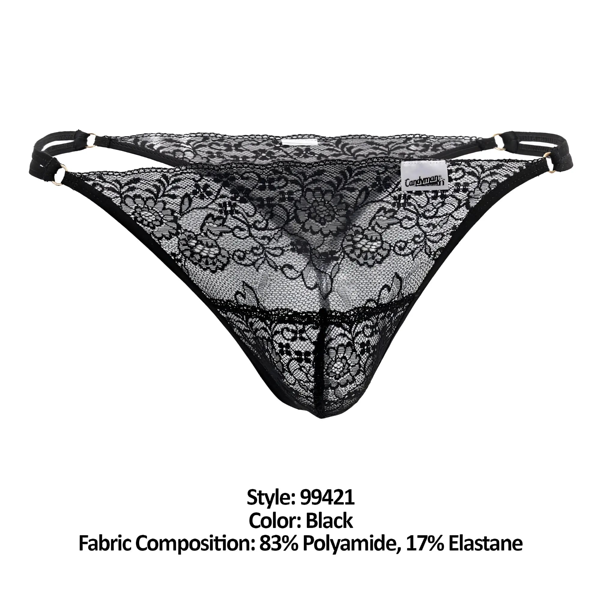 Black lace thong g-string with intricate floral patterns and adjustable straps by candyman 99421 color black