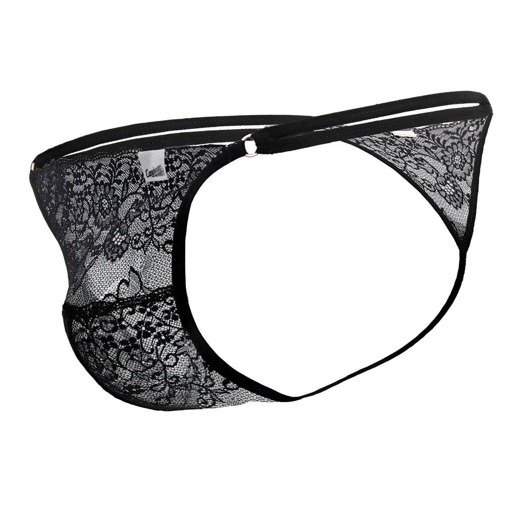 CandyMan 99421 lace g-string thong in black with intricate floral lace and solid black elastic waistband front view