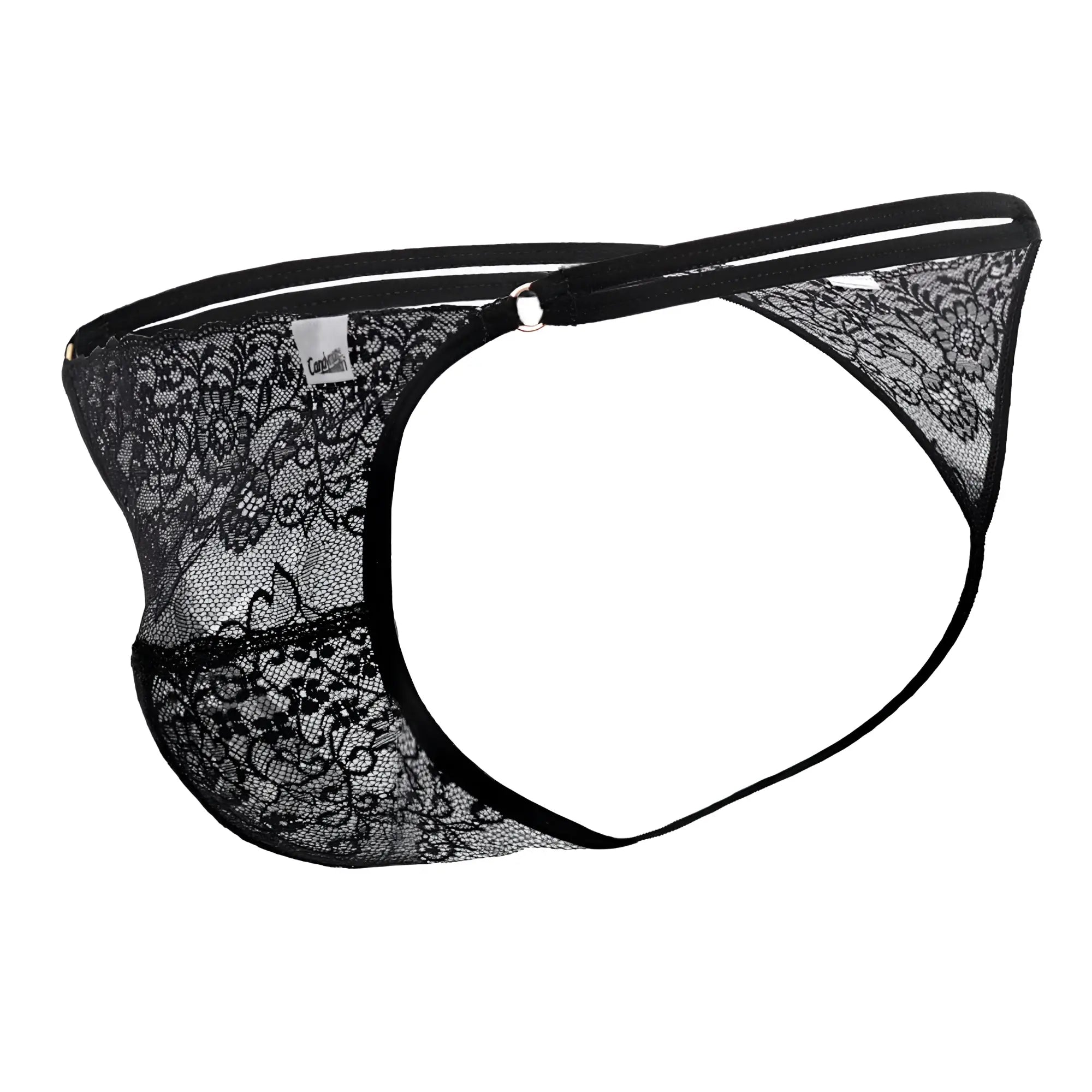 CandyMan 99421 lace g-string thong in black with intricate floral lace and solid black elastic waistband front view