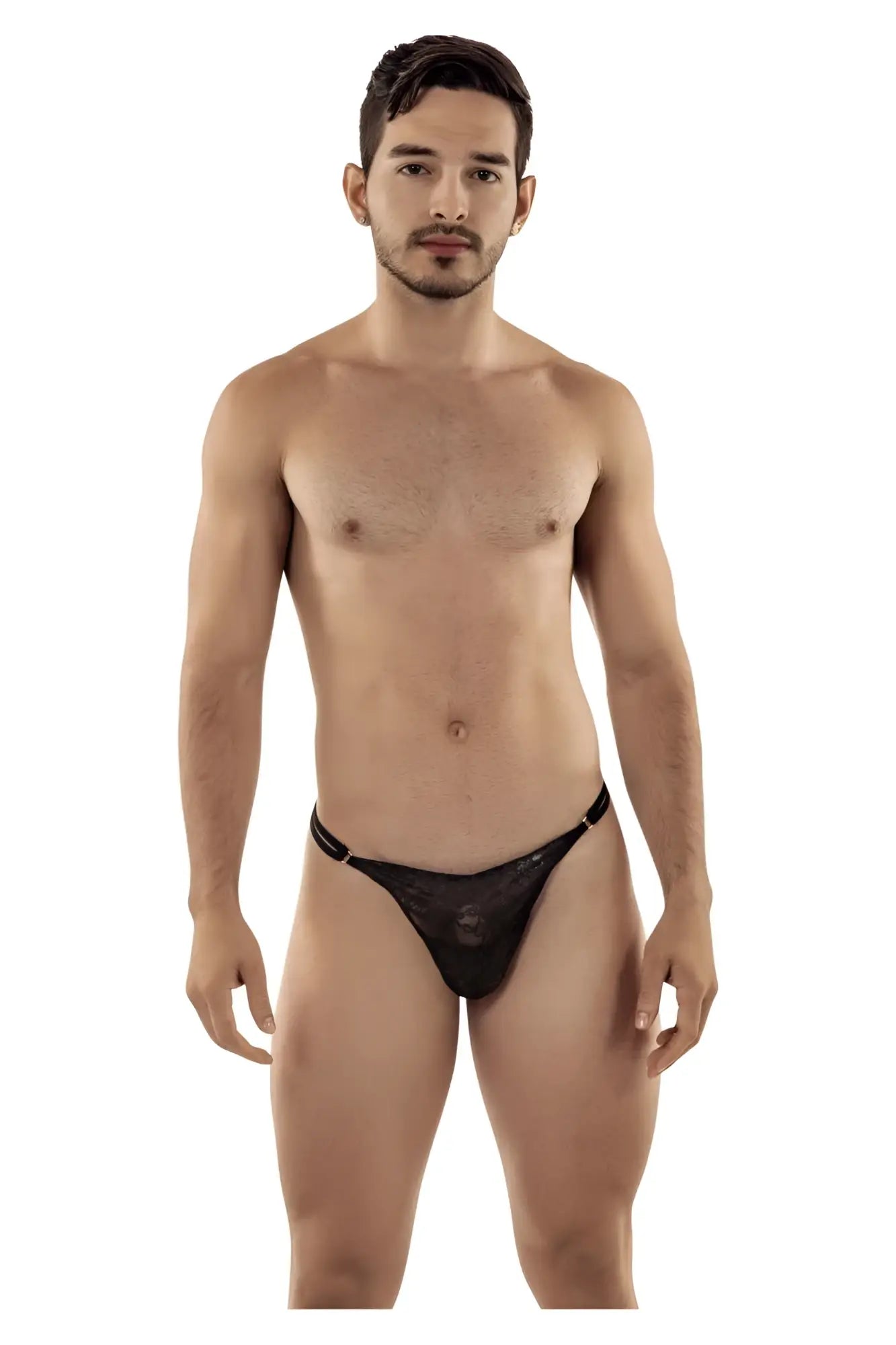 Black lace thong candyMan 99421 with subtle pattern and thin elastic waistband shown from the back