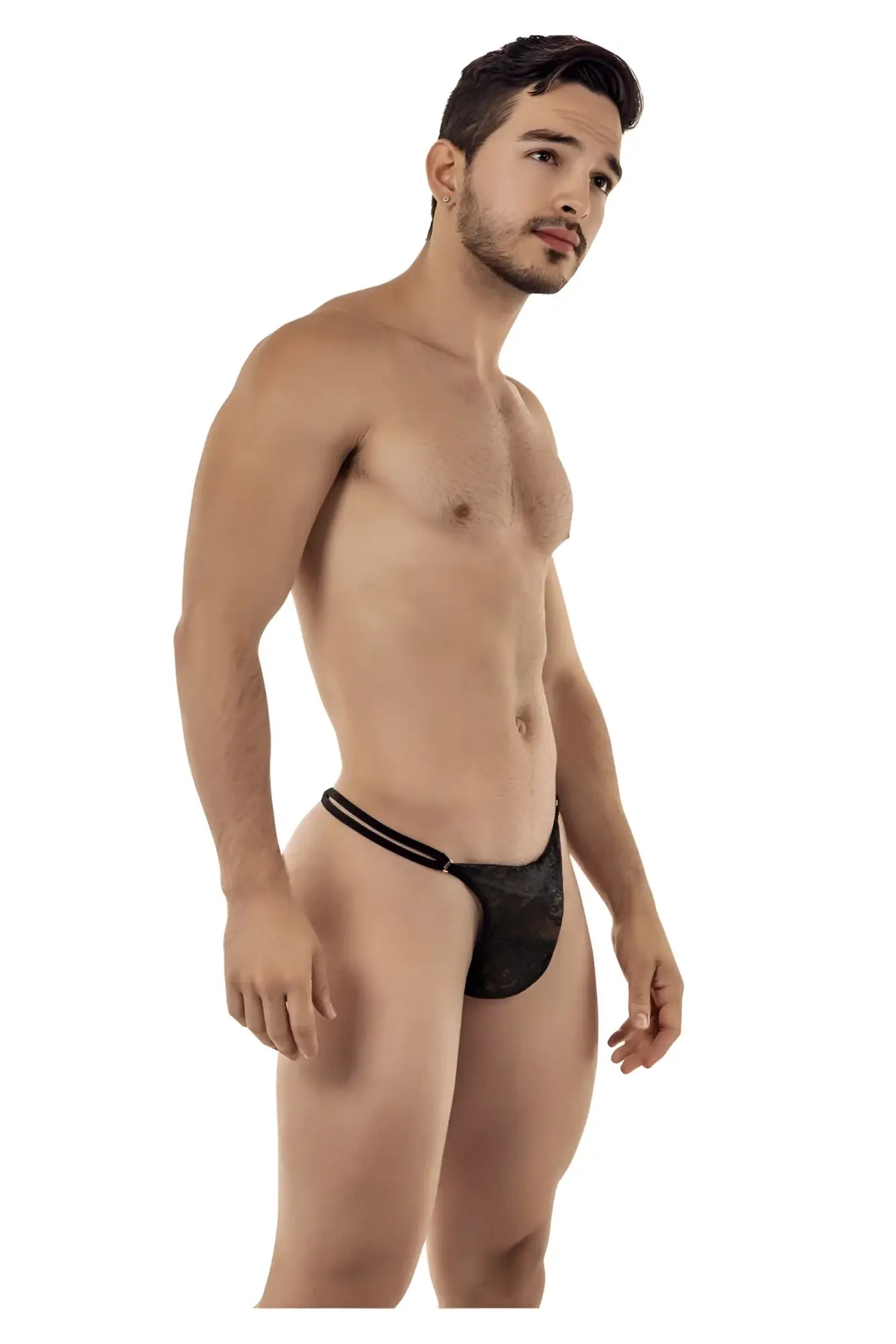 Black lace thong with thin white trim on waistband from CandyMan 99421 lace g-string thongs in black color