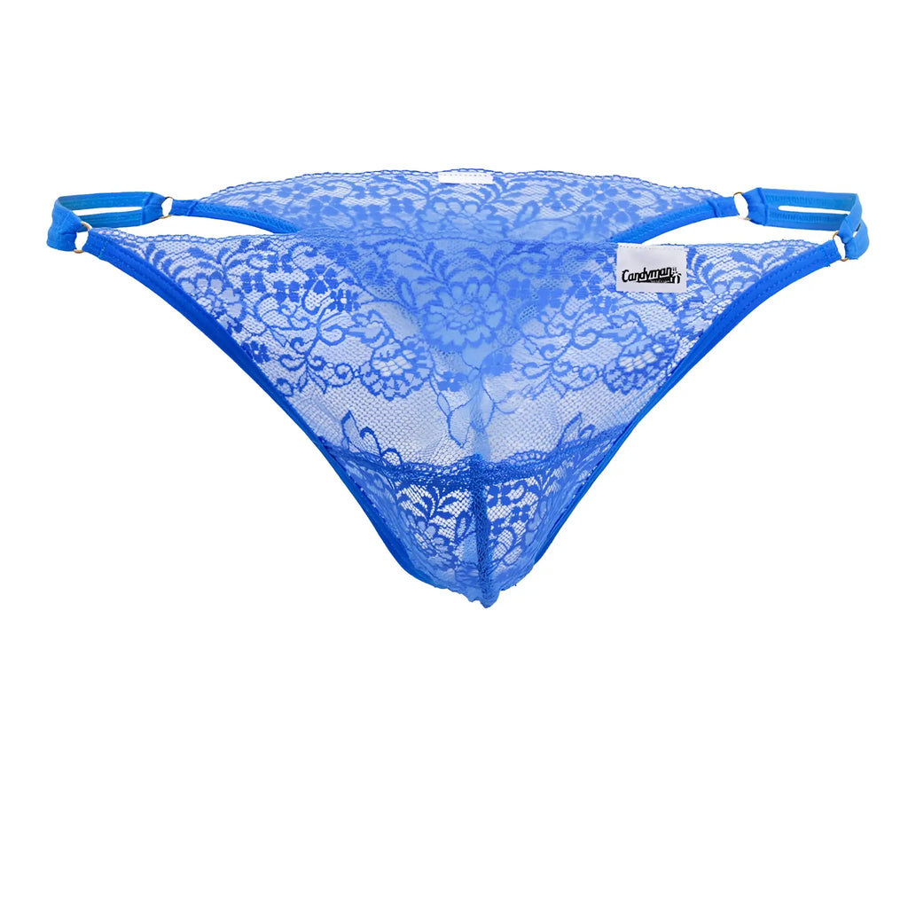 Blue lace thong g-string with floral pattern and adjustable straps from CandyMan in vibrant blue color