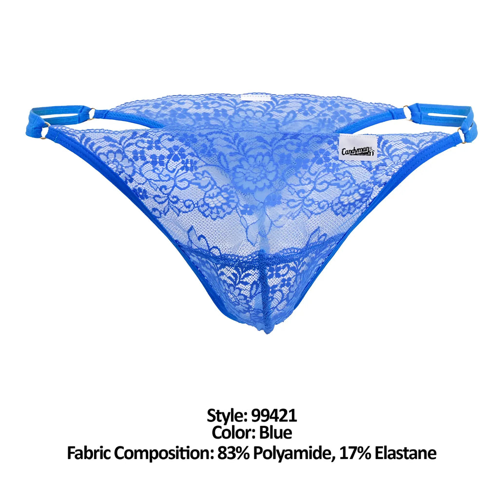 Blue CandyMan 99421 lace g-string thong with floral pattern and elastic side straps showing the front side