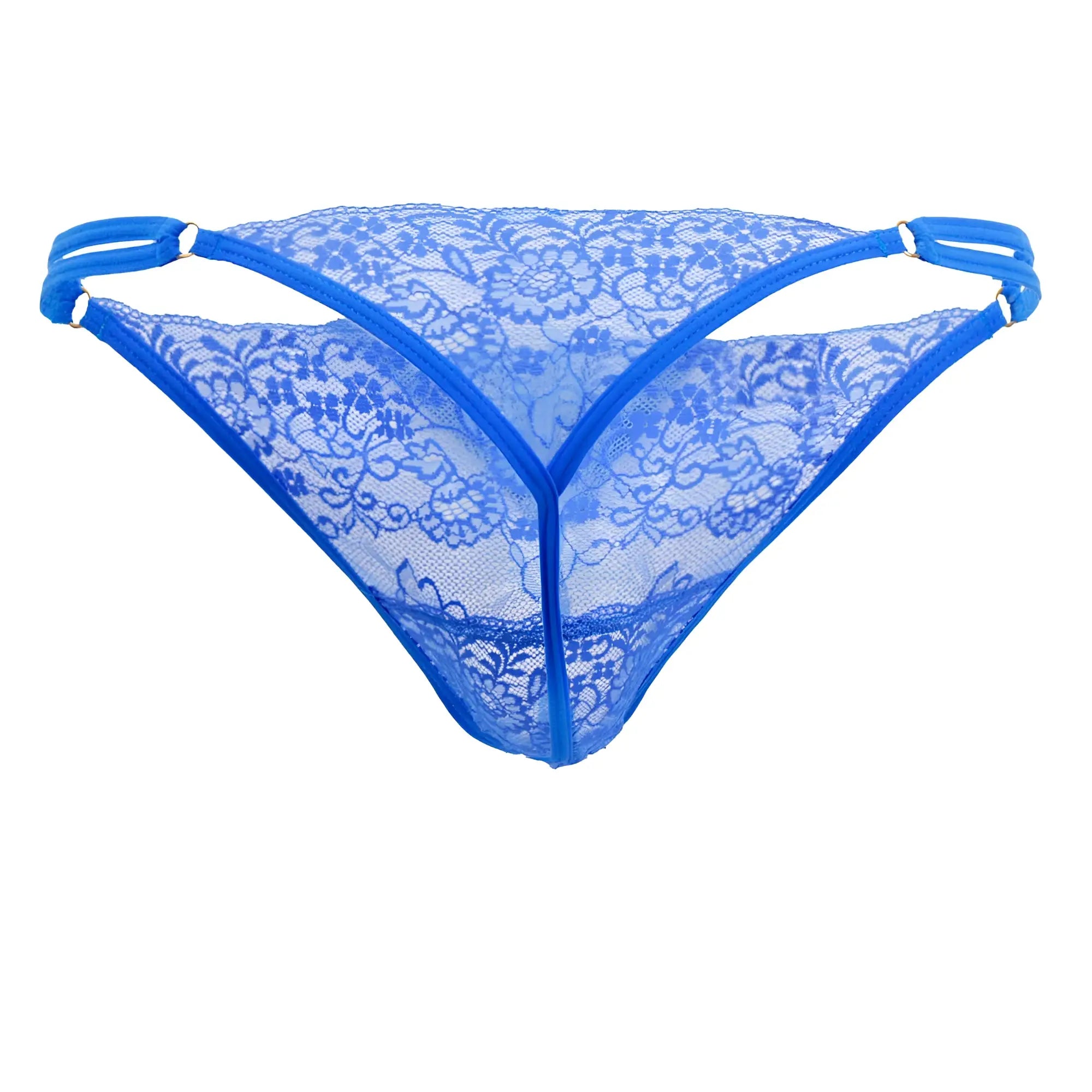 Blue lace g-string thong with floral patterns and elastic straps from Candyman in blue color front view