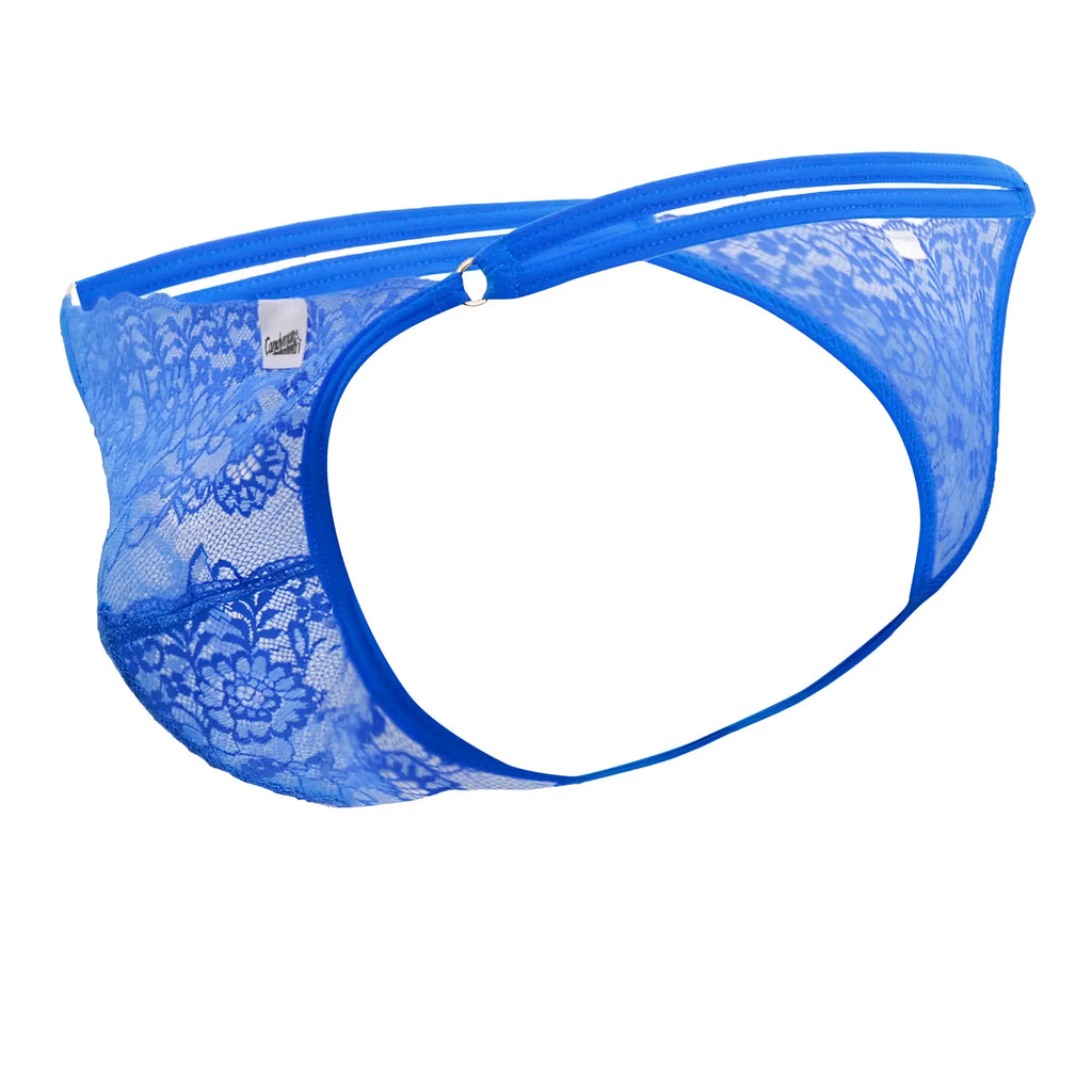 CandyMan 99421 blue lace g-string thong with solid blue elastic waistband and floral lace pattern front view