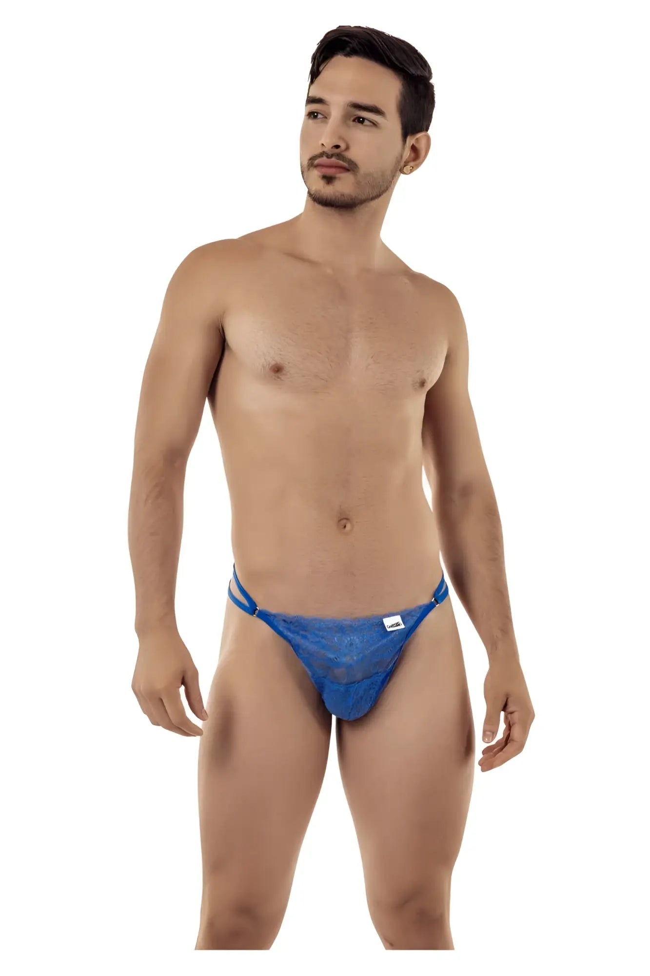 Blue CandyMan 99421 lace g-string thong with subtle pattern and small white brand tag on the side