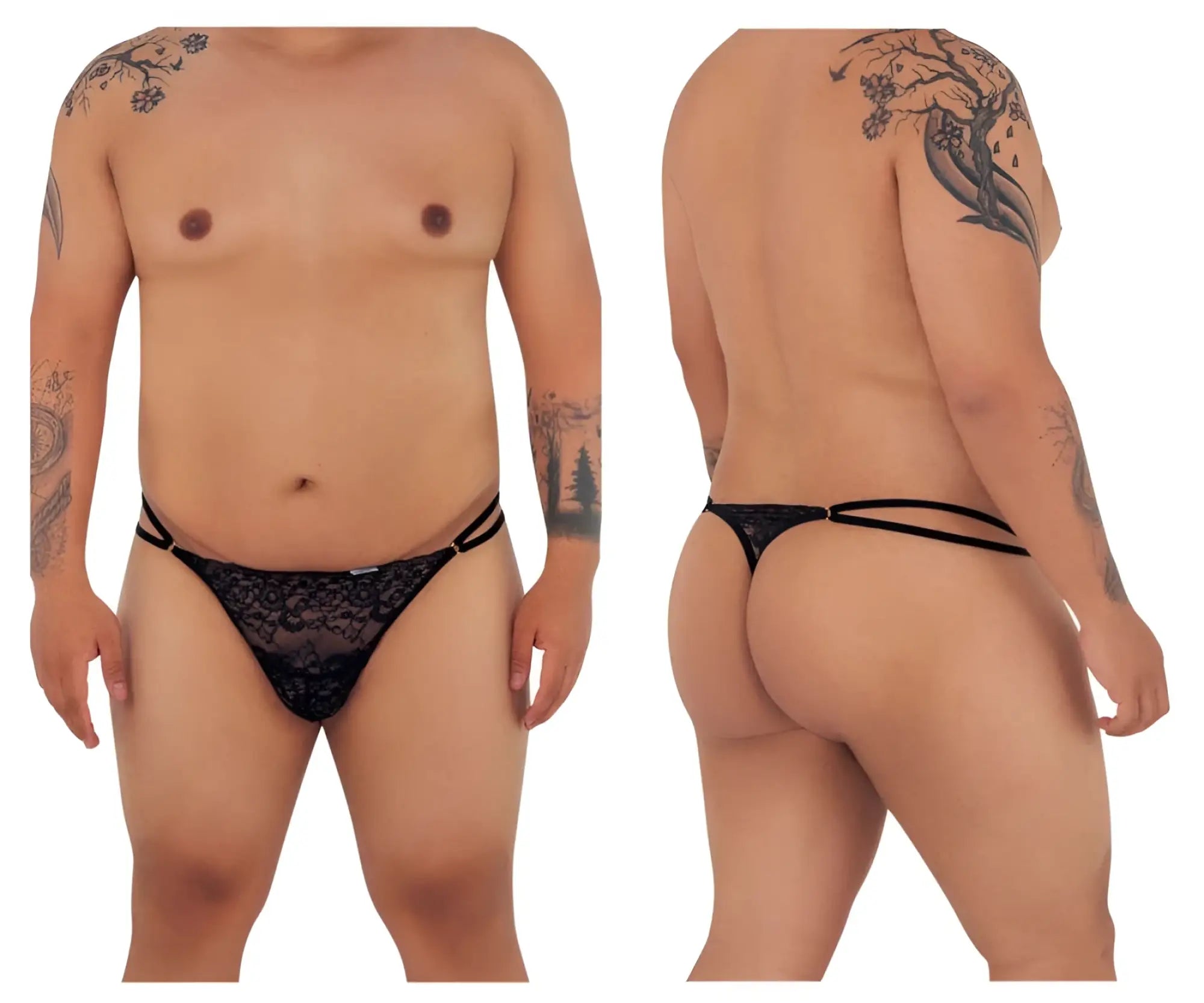 Black lace thong with double-strap design from CandyMan 99421X lace g-string thongs in black shown from the back