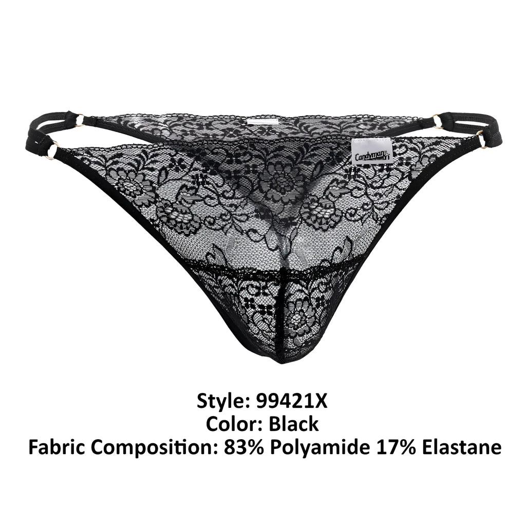Black candyMan 99421X lace g-string thong with intricate floral patterns and adjustable elastic straps