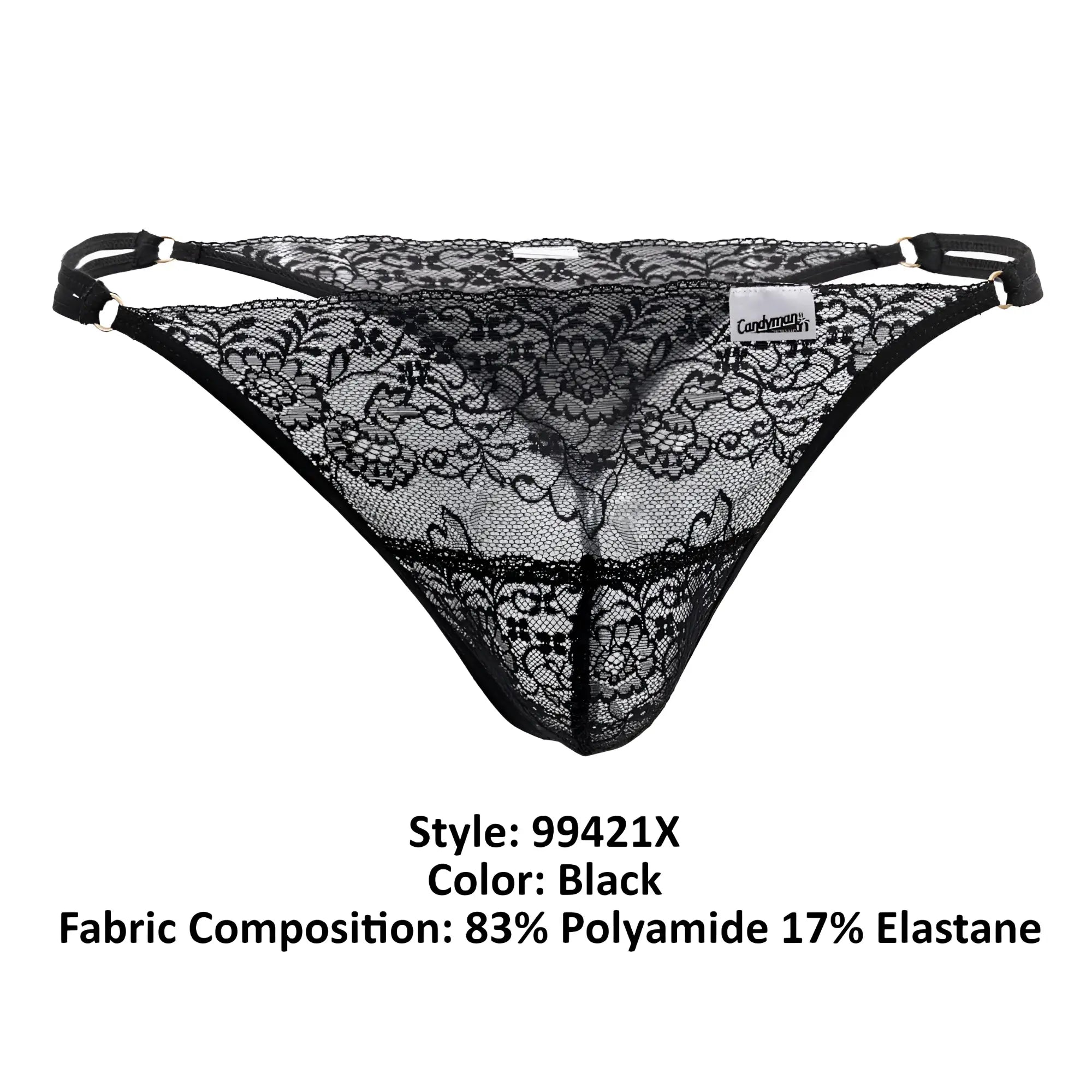 Black candyMan 99421X lace g-string thong with intricate floral patterns and adjustable elastic straps