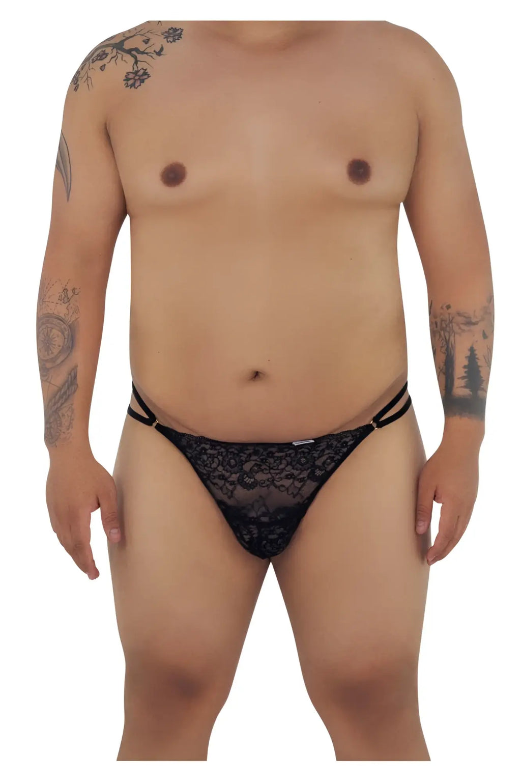 Black lace thong candyMan 99421X with intricate floral patterns and thin side straps front view in black color