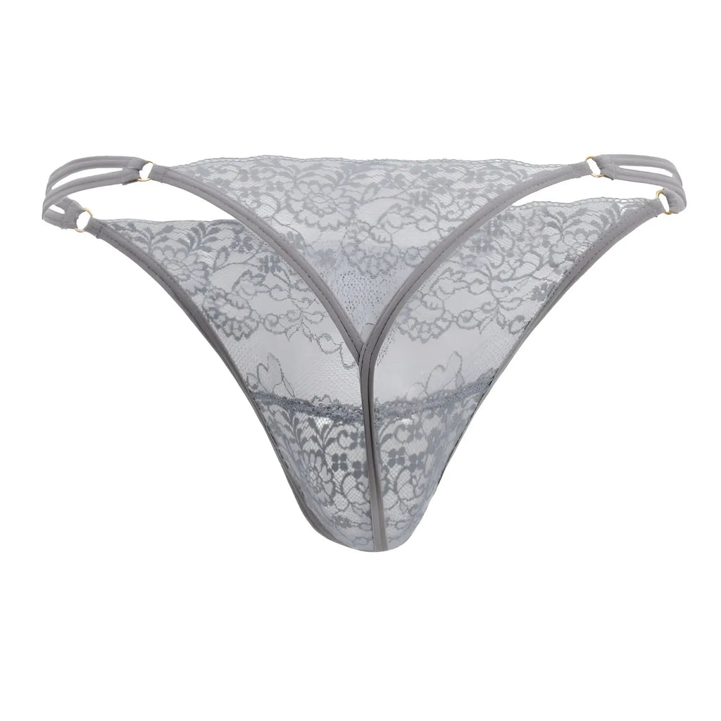 Gray floral lace thong with thin straps and a sheer delicate design from Candyman 99421X lace g-string thongs