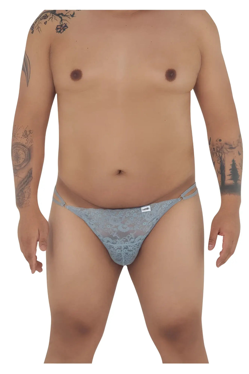 Light blue lace g-string thong candyMan 99421X with delicate floral patterns and adjustable side straps
