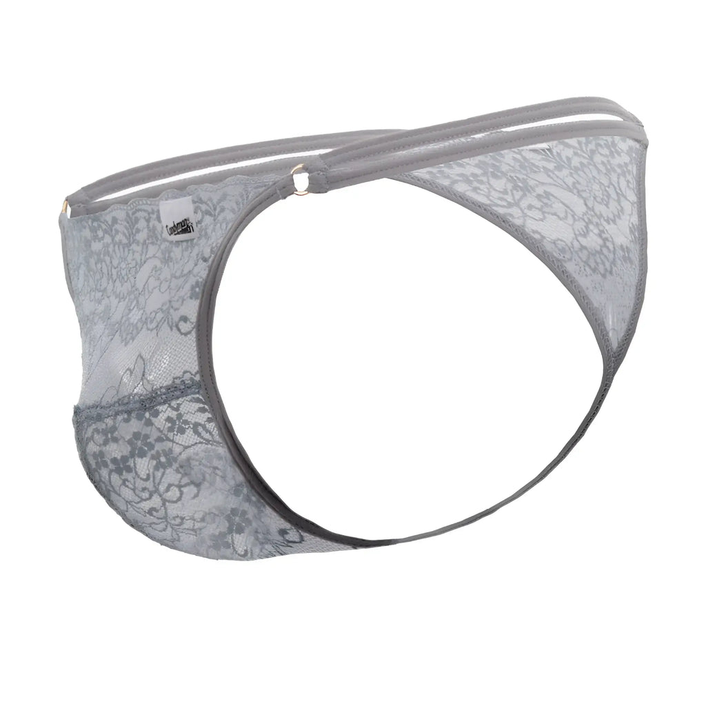 Gray lace thong candyMan 99421X featuring delicate floral patterns and matching elastic waistband front view