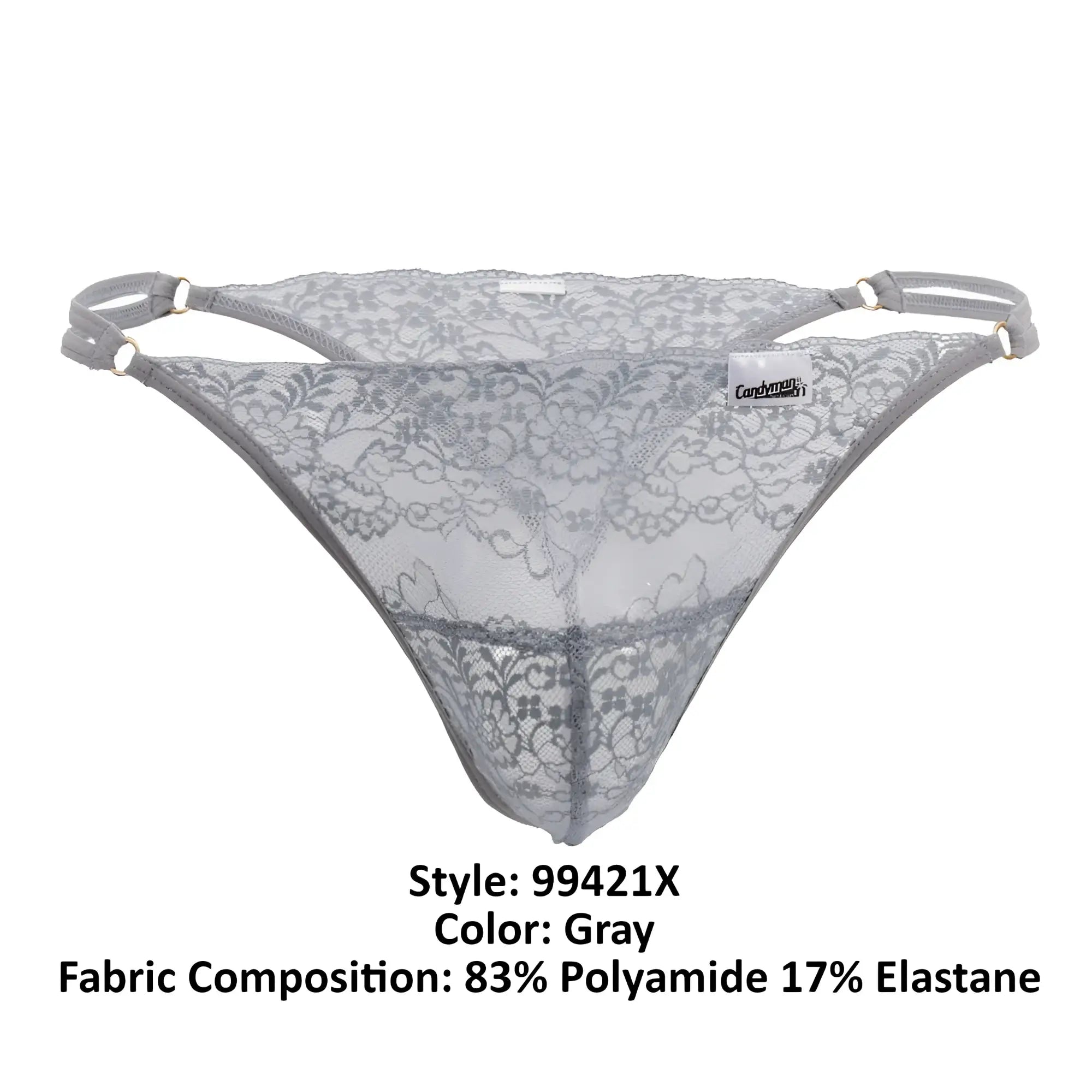 Gray lace g-string thong with floral pattern and adjustable straps from candyman 99421x collection
