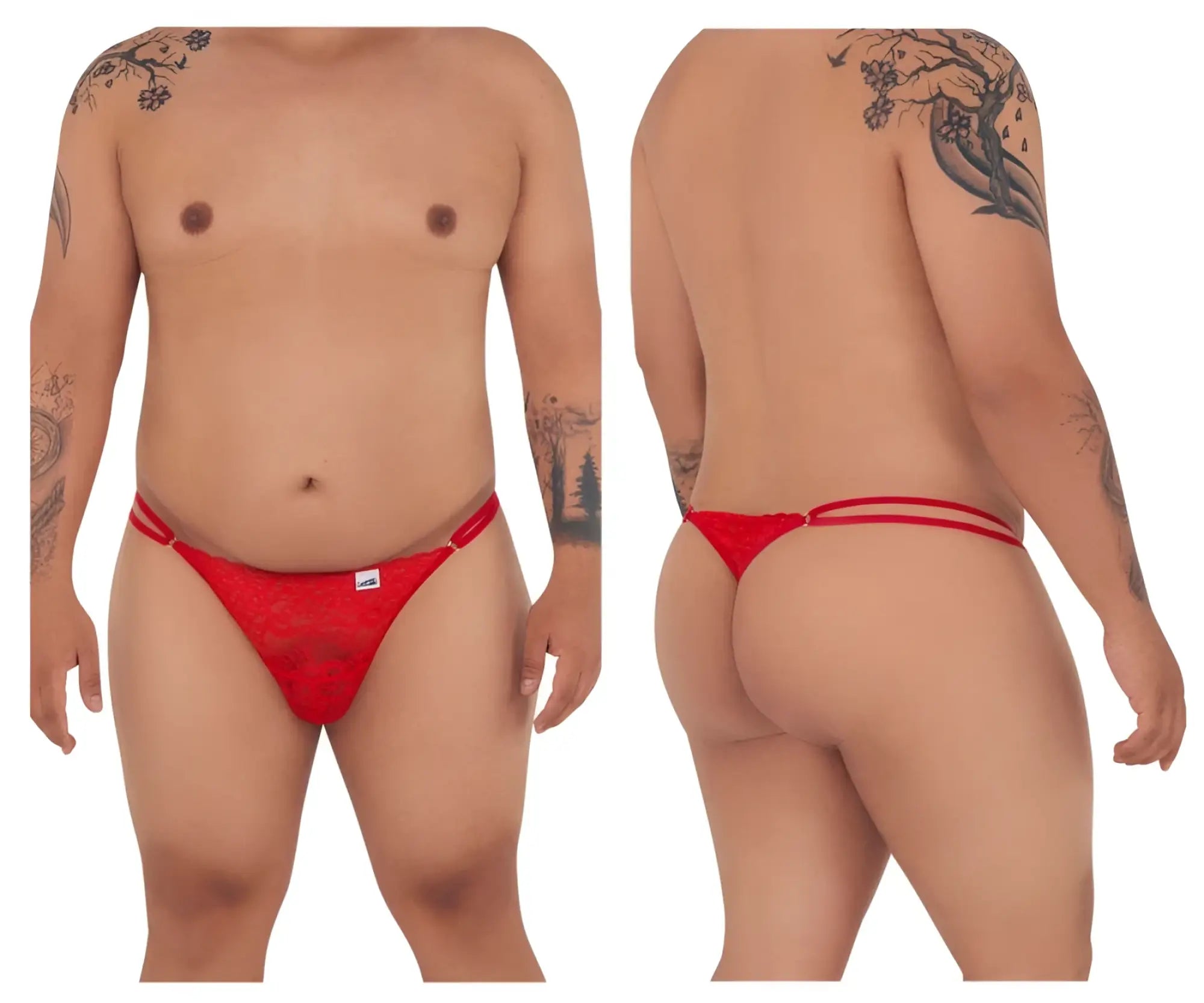 Red lace thong g-string with double horizontal straps by candyman 99421x in red shown from the back side