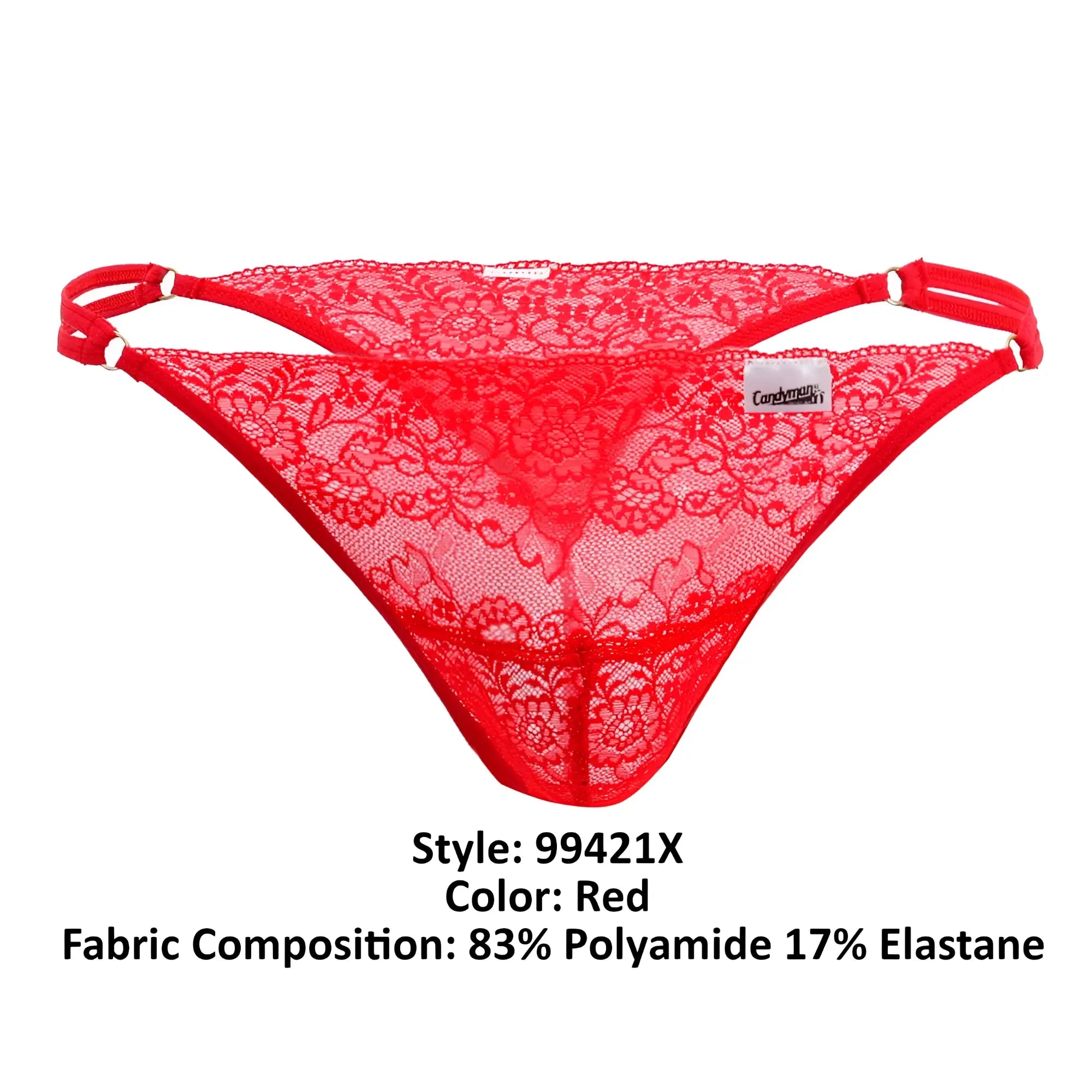 Red lace g-string thong CandyMan 99421X featuring floral pattern and elastic straps in bold red color