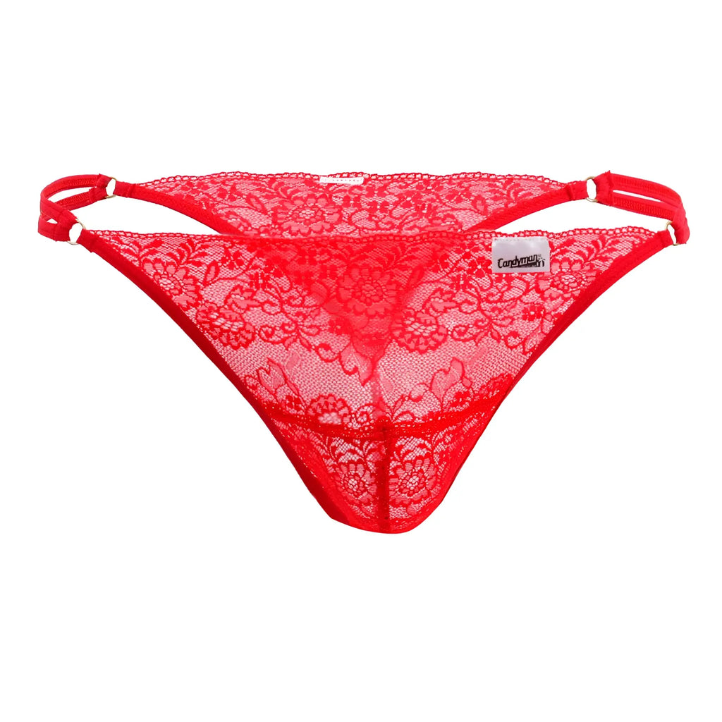 CandyMan 99421X lace g-string thong in red with floral pattern and adjustable straps shown from the back side