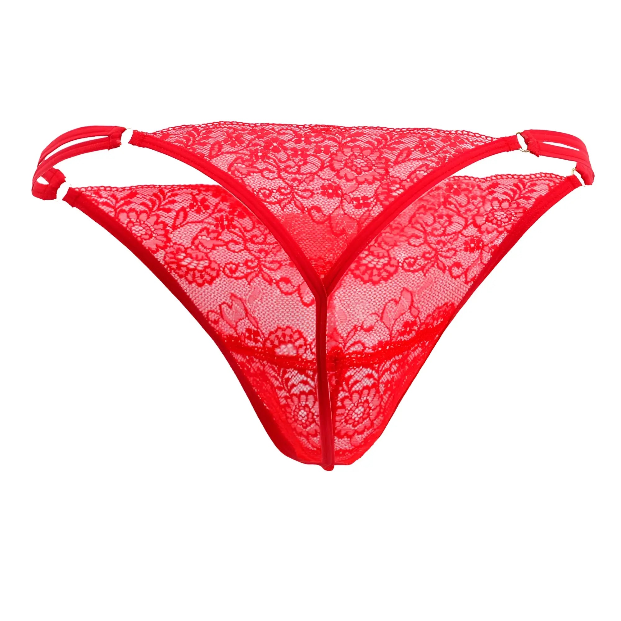 Red lace thong with floral patterns and thin straps from candyman 99421x lace g-string thongs in red